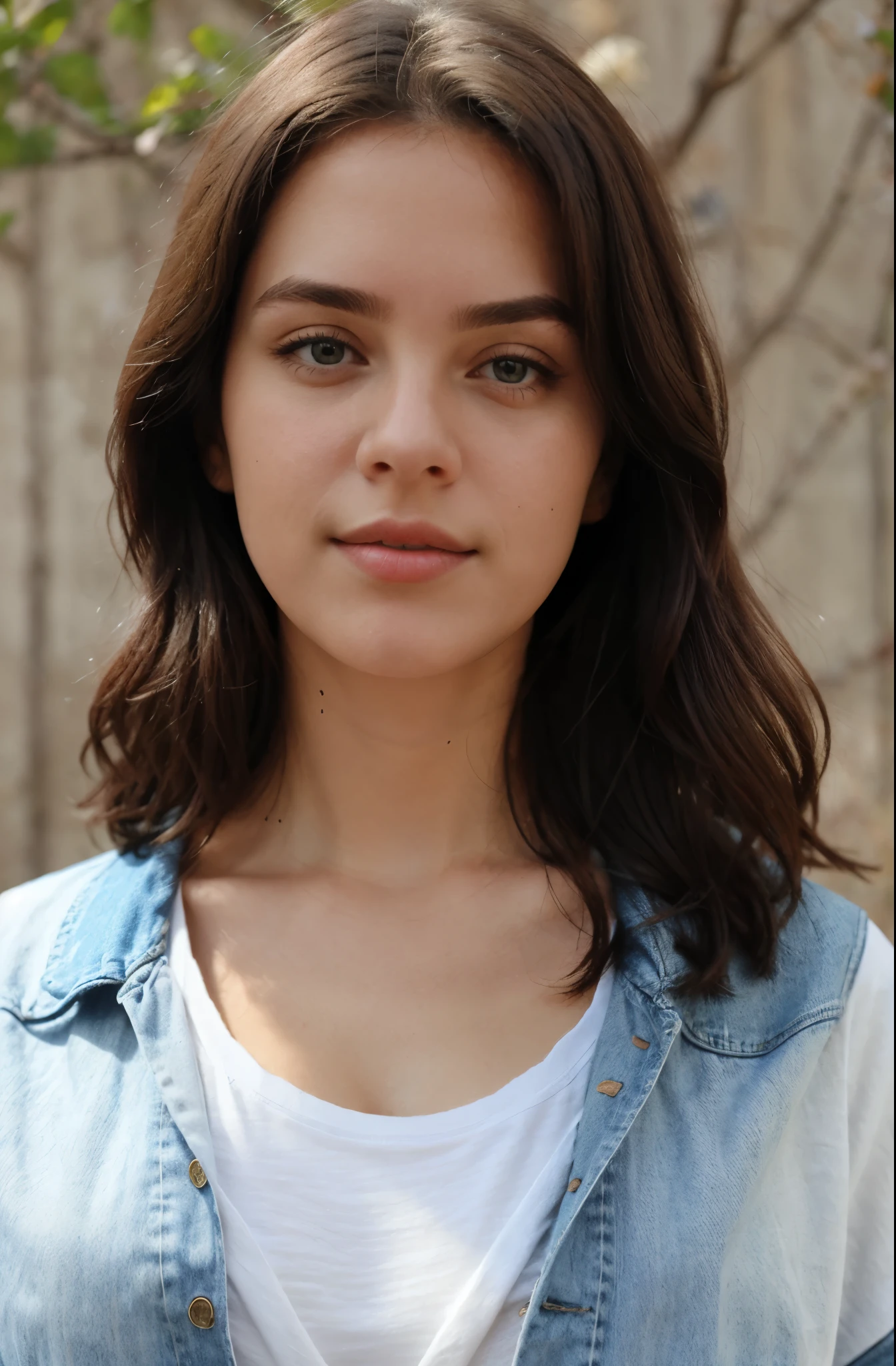 wearing a round neck tshirt. with denim jacket, while maintaining the pose and background from the original photo. Ensure that the clothing change looks natural and realistic
