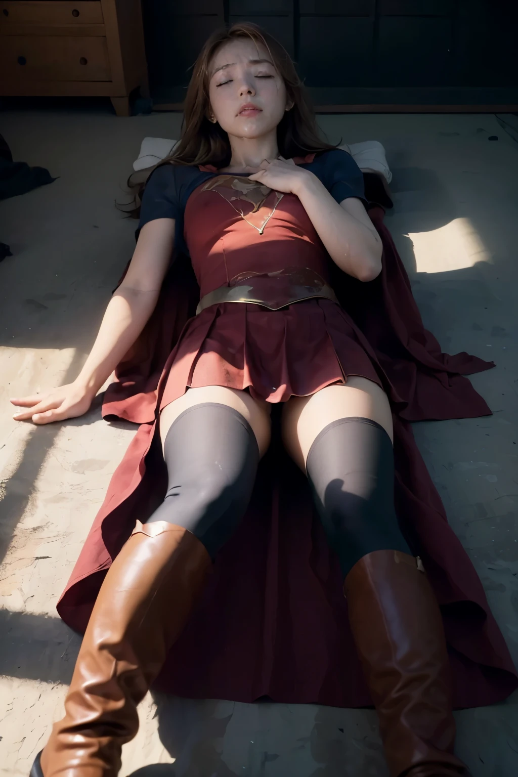 8k, best quality, real picture, intricate details, ultra-detailed, ultra highres, depth field,(photorealistic,realistic:1.2), masterpiece, photo of 1girl, Supergirl, superhero, arms on hips, realistic, red cape, bodysuit, red skirt, red boots, pantyhose, blonde hair, lips, long hair, solo, ruined city background, Nikon d850, film stock, photograph 4 kodak Portra 400 camera f1.6 lens, rich colors, hyper realistic, lifelike texture, dramatic lighting, unreal engine, trending on artstation, cinestill 800,  (lying on back:1.9), (close eyes:1.6), (unconsciousness:1.9), (painful), (defeated from fighting), on the spaceship, (whole body), (semen on forehead:1.2), (semen on skirt:1.6), (semen on thighs:1.8),