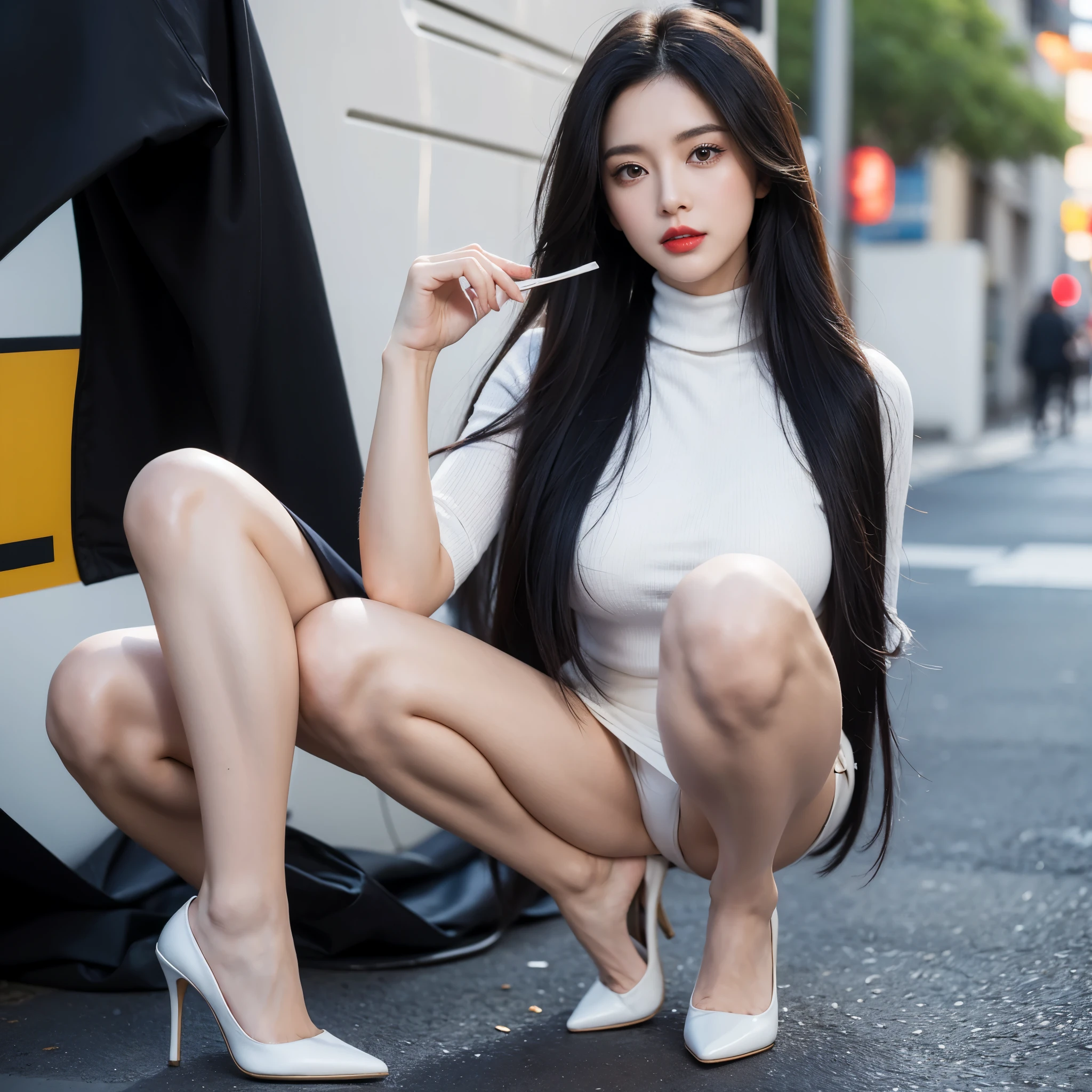  beautiful mature female，masterpiece，Light makeup，red lips，black hair，messy long hair，street background，beautiful，grace。Ultra-fine details，Work，Authentic texture，Realistic lighting，完美的Work，8k，HD，Exquisite  features，White skinny turtleneck top，White skinny hip skirt，Fleshy long legs，wearing high heels，slim figure，A plump chest，big bright eyes，You can see the whole body，Squat with your ，protrait photo
