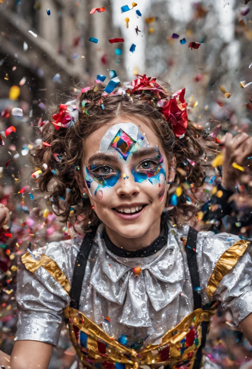 llumination metallic gratescape fantasy land adorable darling dancing harlequin throwing confetti in a confetti filled parade with mesmerizing hazel eyes, showered in confetti branded welding, ultradetailed, fine-tuned realism, eccentric glass, astrophotography, IMAX