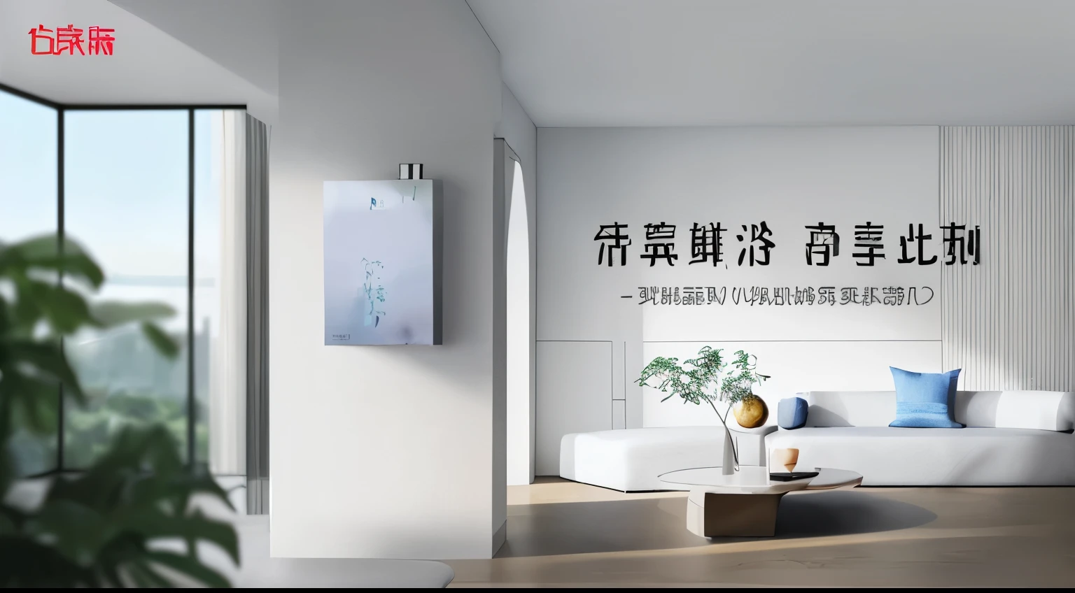 Living room sofa water heater green plant floor-to-ceiling window