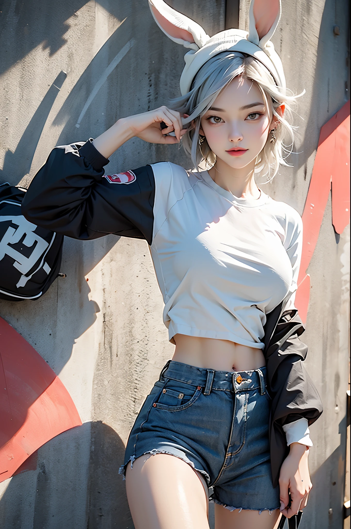 Gwen Tennyson,tracer,Yoha 2B,yeshtoralul,Overwatch,nieer automaton,Mecha pilot,Shopping,tattoo,Orange and pink plug set,White short-sleeved top,Denim micro shorts,garter belt, uncovered belly,short hair,Cute makeup,green eyes,Dimensional silver hair,sexy smile,freckle,beautiful girl,big breasts,8k,Super detailed, actual,fantasy art,skater,Ear piercing,cyberpunk suit,Saiyan woman孩, Saiyan woman,White short sleeve sports hoodie,Rabbit ears beanie,graffiti wall art,colorful hair,walk,small purse,((huge breasts))