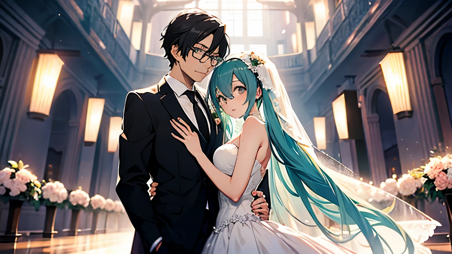 Wedding of black-haired Hatsune Miku and a black-haired young man wearing glasses