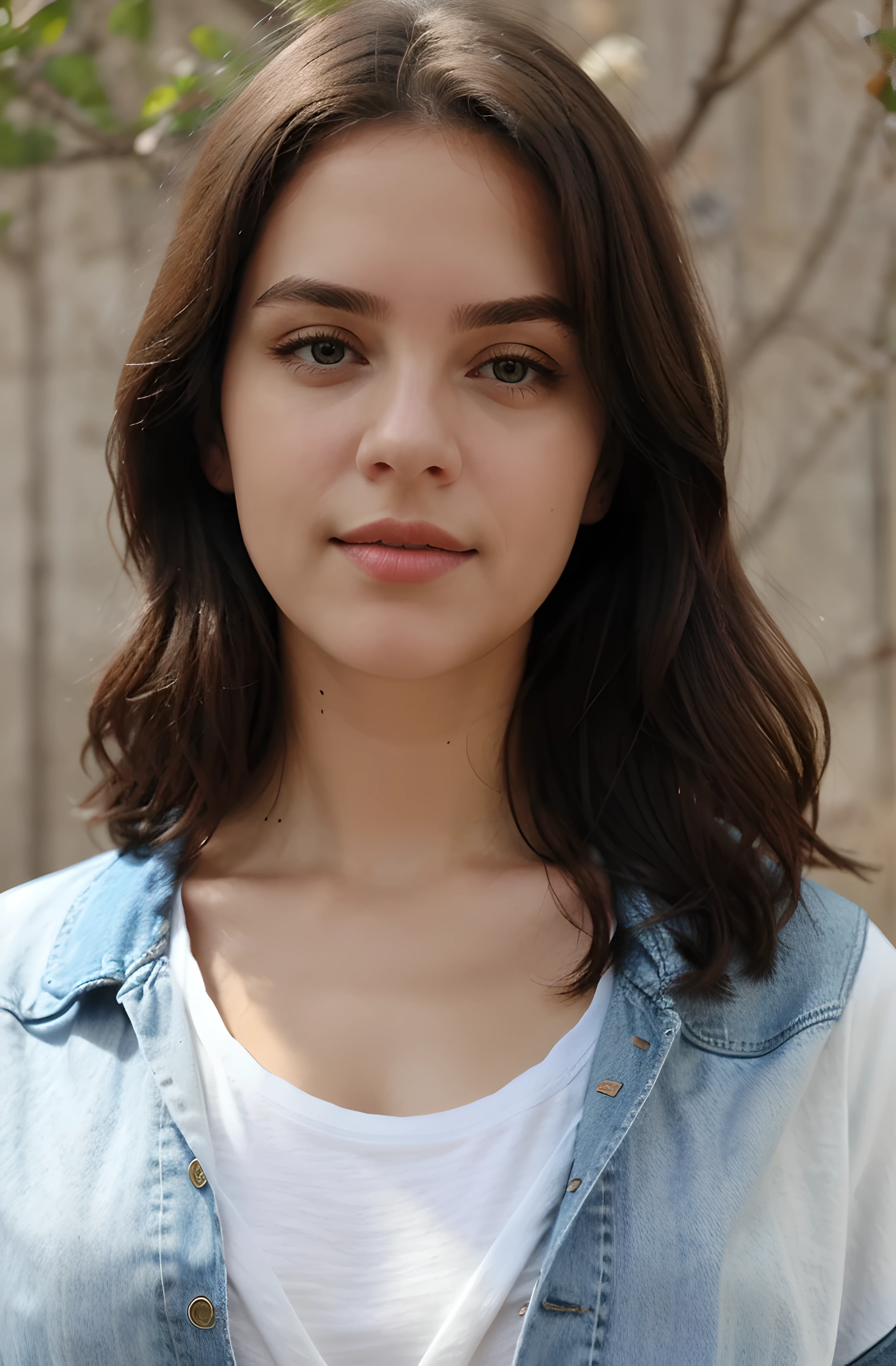 wearing a round neck tshirt. with denim jacket, while maintaining the pose and background from the original photo. Ensure that the clothing change looks natural and realistic
