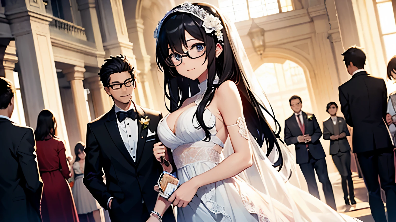 Wedding ceremony between Hatsune Miku, a black-haired woman who doesn't wear glasses, and a black-haired young man who wears glasses.