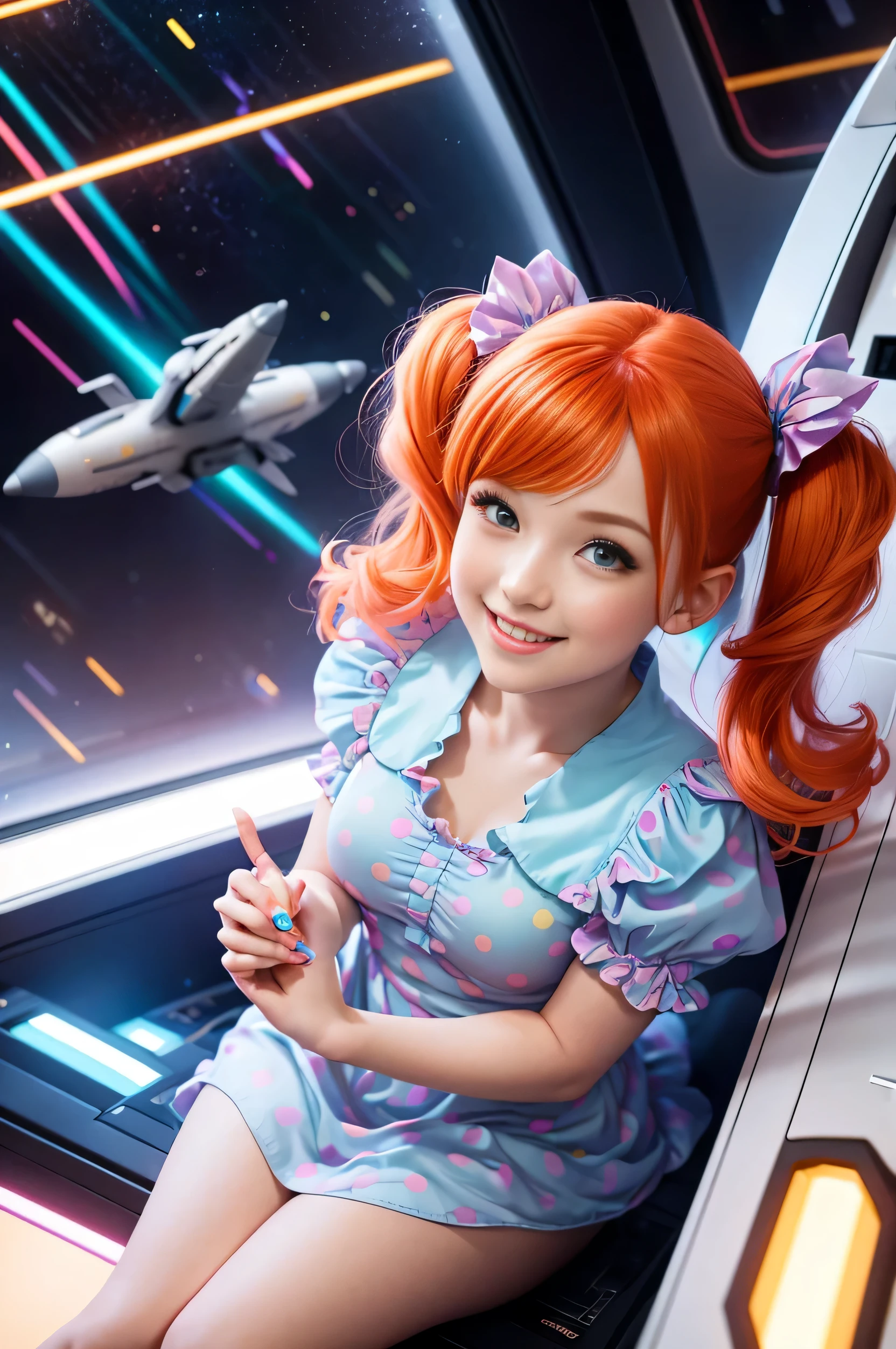 (overhead view) Cute redhead with rainbow colored hair tips, ribbons in her hair, 18-year-old woman, happy, smiling, in twin tails, perfect eyes, clear sparkling blue eyes, pale skin, silky smooth skin, flying a fancy metal luxurious space ship, futuristic cockpit, she's a pilot, outer space seen in windows, dark warm lighting, wearing a futuristic party dress, pleated (chemise) mini dress (pastel rainbow colors, and polka dots), puffy sleeves, silk, pantyhose, cute short cut booties, boots.