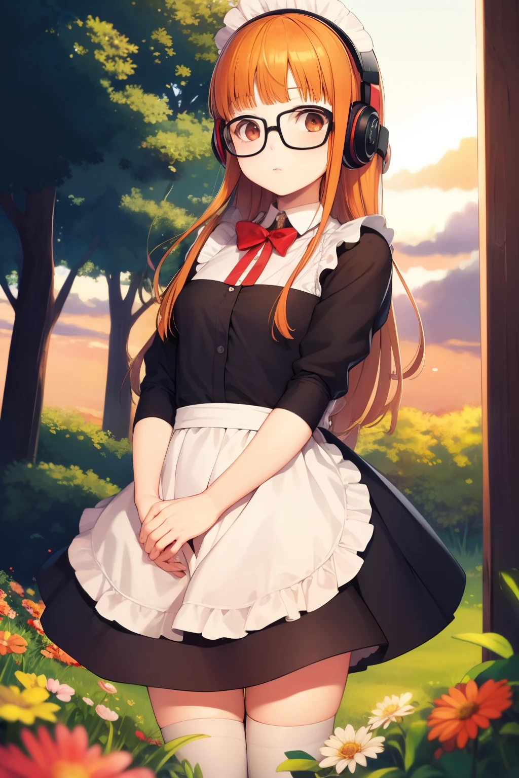 masterpiece, highest quality, High resolution,
1 girl, futaba sakura, dull bangs, Glasses, black frame eyewear, Ahoge,
maid dress, maid headdress, headphones, behind-the-head headphones,
cowboy shot, garden,  flowers, wood, sunset