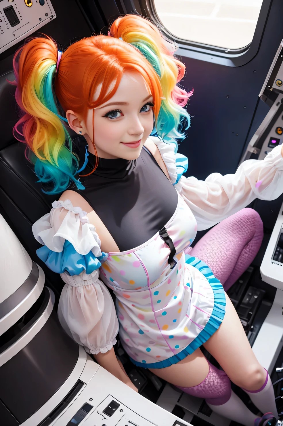 (overhead view) Cute redhead with rainbow colored hair tips, ribbons in her hair, 18-year-old woman, happy, smiling, in twin tails, perfect eyes, clear sparkling blue eyes, pale skin, silky smooth skin, flying a fancy metal luxurious space ship, futuristic cockpit, she's a pilot, outer space seen in windows, dark warm lighting, wearing a futuristic party dress, pleated (chemise) mini dress (pastel rainbow colors, and polka dots), puffy sleeves, silk, pantyhose, cute short cut booties, boots.