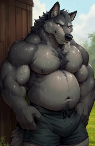 ((solo)), anthro bear wolf, (grey fur, black mane, dark grey nose and hands:1.3), ((wolf tough face, big eyes, blue pupils, cute:1.3)), male, late fourties, athletic, abs, (veiny, ripped muscles, flat chubby stomach:1.3), (correct anatomy, heavy build, wide torso, large head), (realistic fur, detailed fur texture, dripping sweat:1.3), detailed background farm, photorealistic, (working shorts:1.1, gold, black, pattern), bare torso, ((without nipples)), (detailed clothing), hyperrealistic, ultradetailed, by kenket, natural lighting, (muscular, sweaty, wet, steaming exhausted:1.3), flexing, (happy, shy, calm expression:1.3)