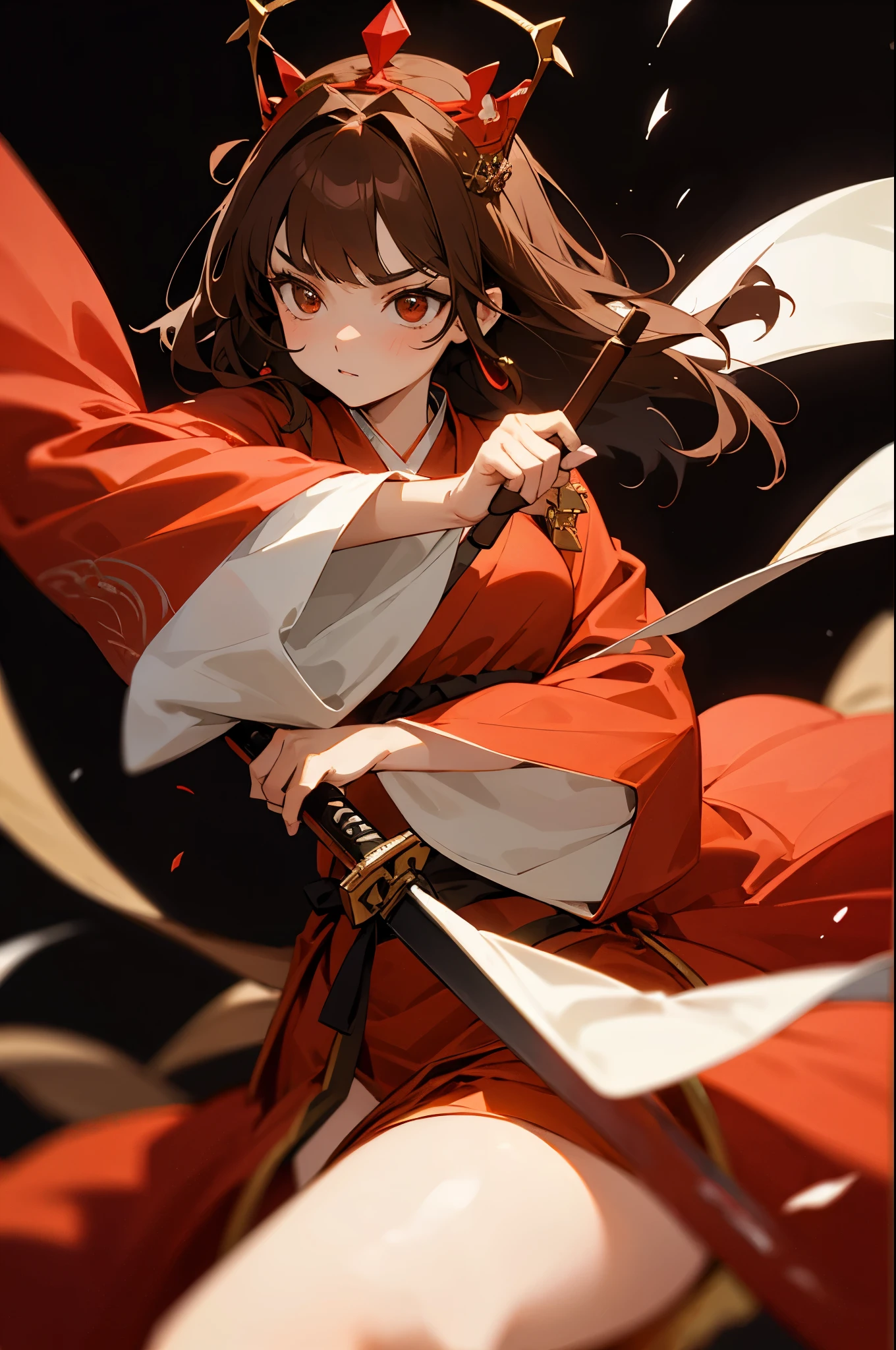 create a cute brown haired girl with big brown eyes, fair complexion, red jewellery, huge crown, and vermilion hanfu holding a sword, martial arts posture in 8k