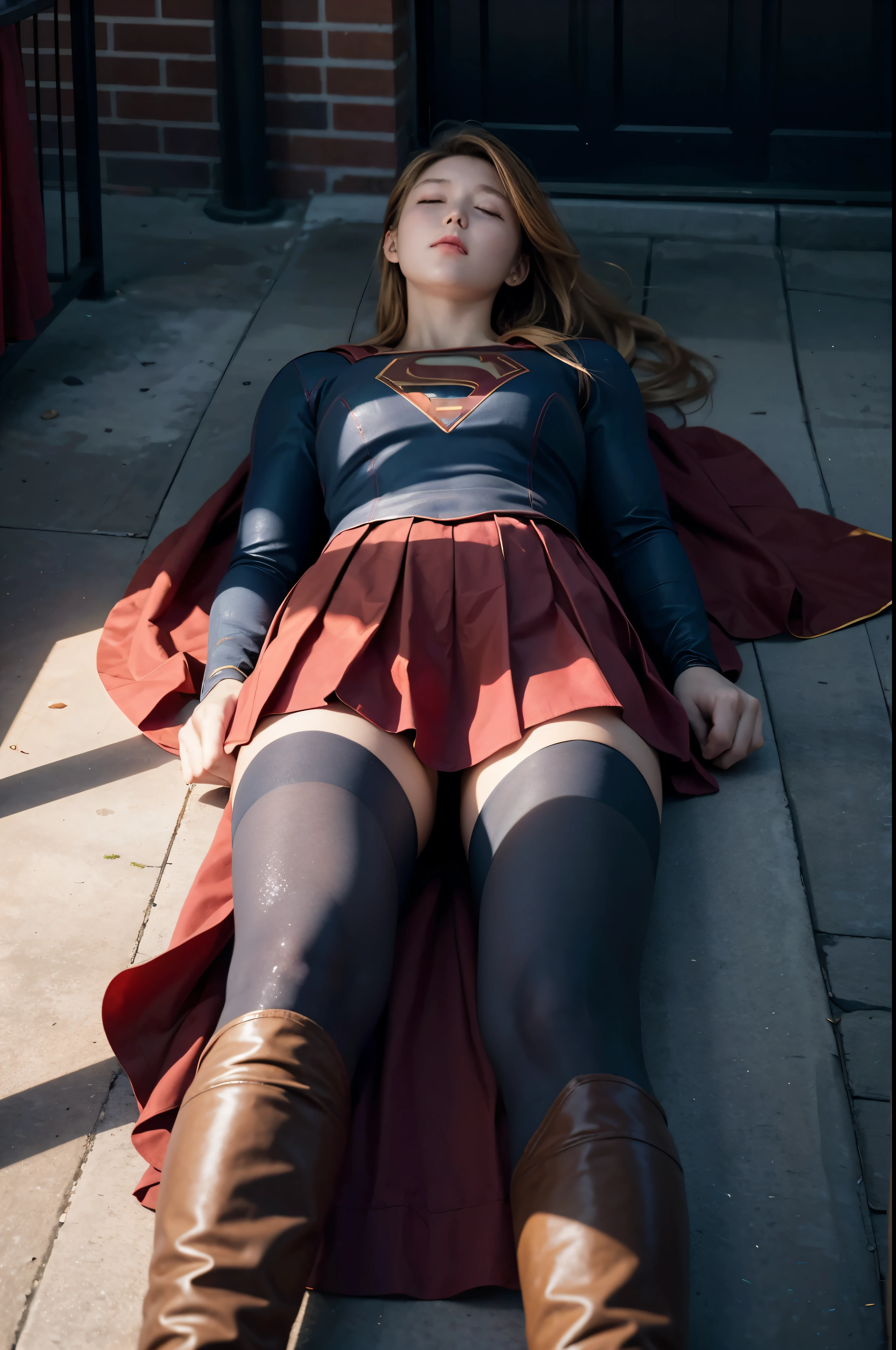 8k, best quality, real picture, intricate details, ultra-detailed, ultra highres, depth field,(photorealistic,realistic:1.2), masterpiece, photo of 1girl, Supergirl, superhero, arms on hips, realistic, red cape, bodysuit, red skirt, red boots, pantyhose, blonde hair, lips, long hair, solo, ruined city background, Nikon d850, film stock, photograph 4 kodak Portra 400 camera f1.6 lens, rich colors, hyper realistic, lifelike texture, dramatic lighting, unreal engine, trending on artstation, cinestill 800, (lying on back:1.9), (close eyes:1.6), (unconsciousness:1.9), (painful), (defeated from fighting), on the spaceship, (binded), ((whole body)),