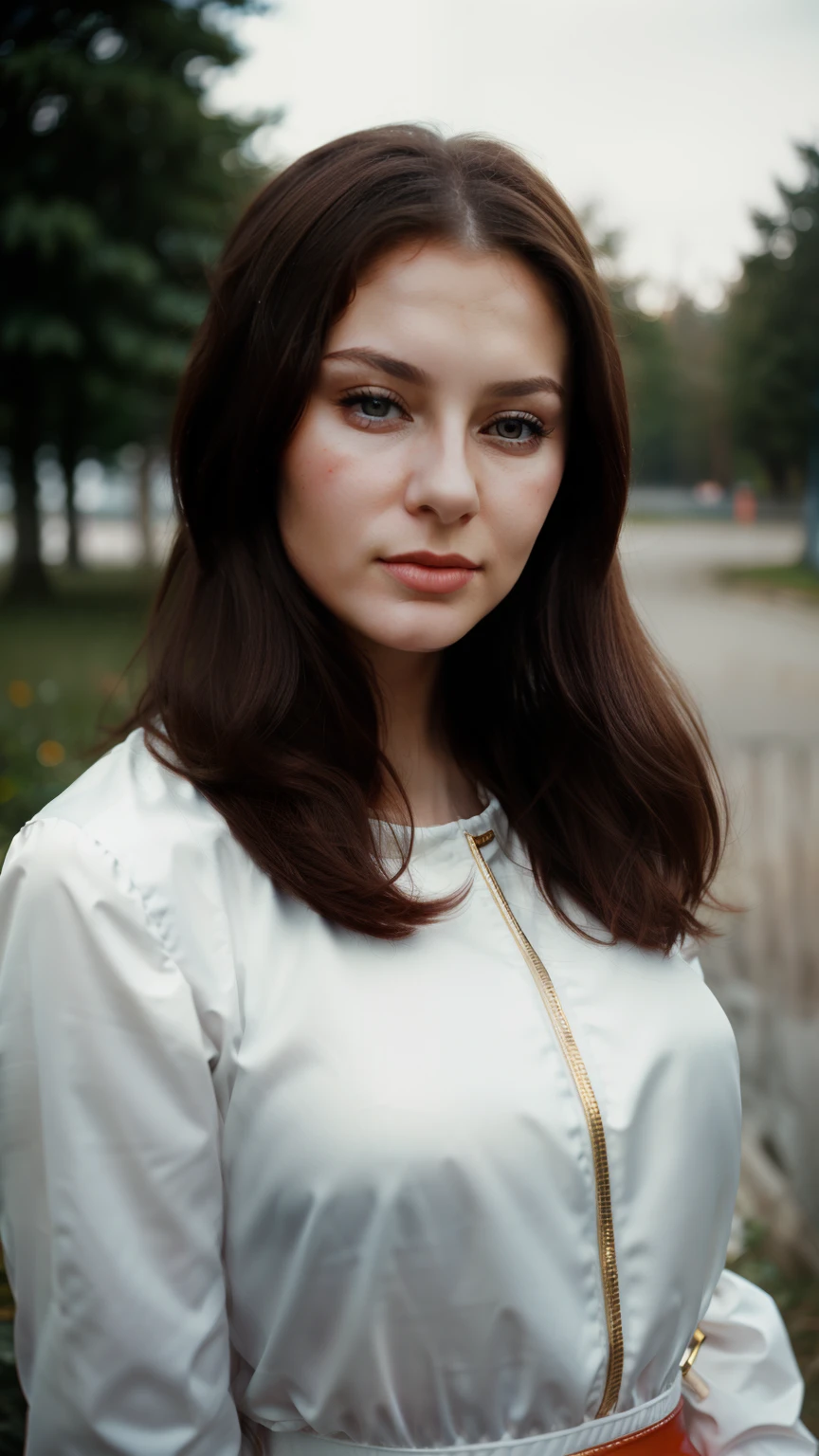 charismatic cute russian  woman, photographed by Pie Aerts, realistic photo, high_res, high details, portrait, Retro film camera, outdoor