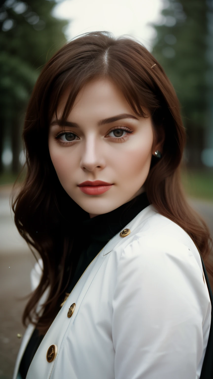 charismatic cute russian woman, photographed by Pie Aerts, realistic photo, high_res, high details, portrait, Retro film camera, outdoor