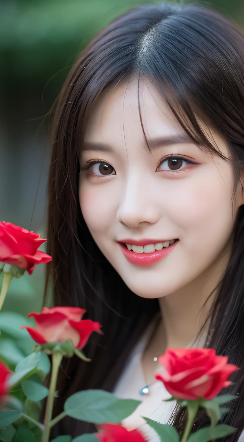 Garden covered with red roses on the background, silver hair, front ponytail, eye reflex, red contact lenses, pink eyes,Heterochromia, wear earrings, Sapphire pendant,evil smile, high detail, romanticism lain, depth of field, spark of light, Ray tracing, viewfinder, Scale layers, close up, Bokeh, anatomically correct, high detail, 1080P, ultra high definition