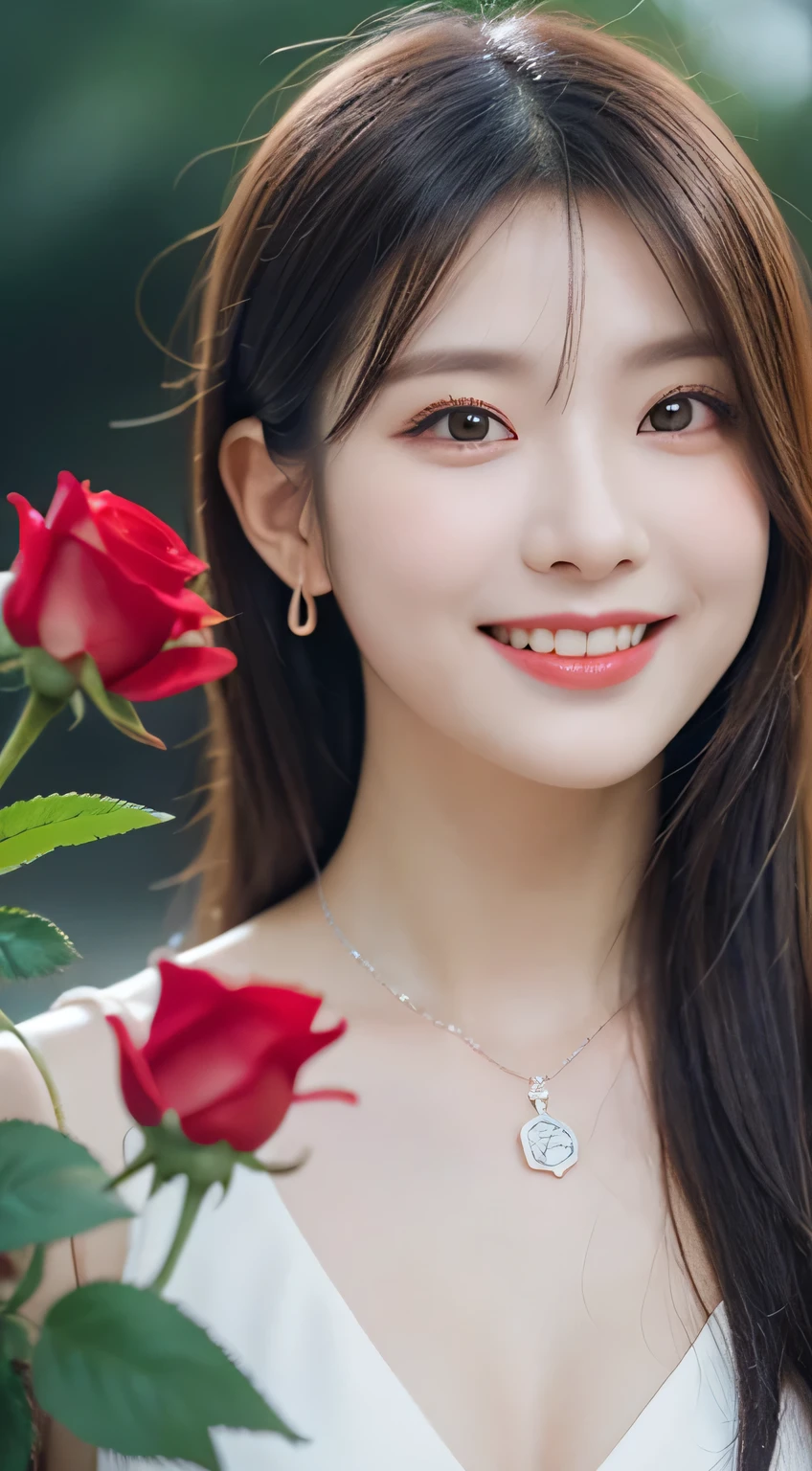 Garden covered with red roses on the background, silver hair, front ponytail, eye reflex, red contact lenses, pink eyes,Heterochromia, wear earrings, Sapphire pendant,evil smile, high detail, romanticism lain, depth of field, spark of light, Ray tracing, viewfinder, Scale layers, close up, Bokeh, anatomically correct, high detail, 1080P, ultra high definition