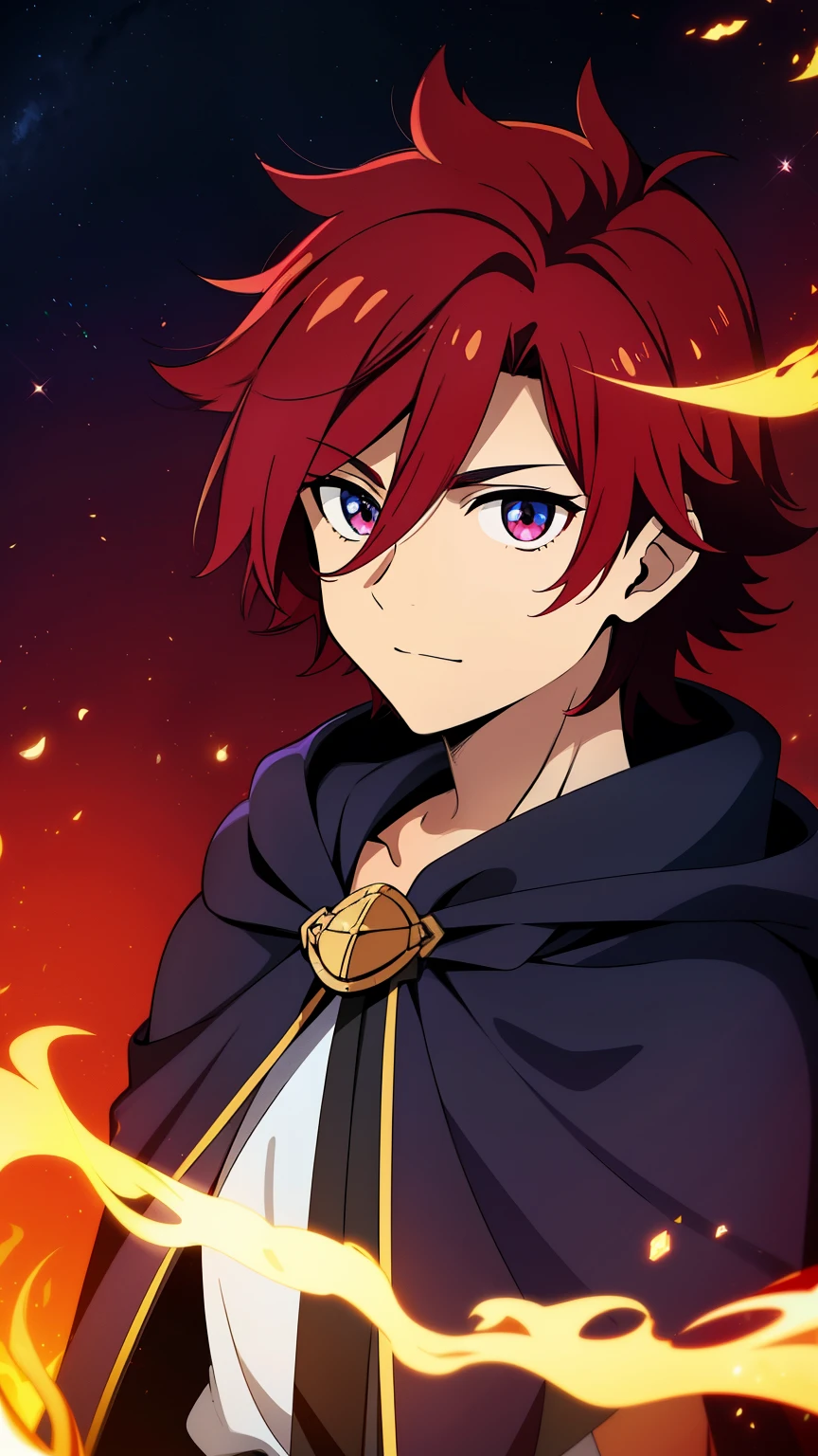 (high-quality, breathtaking),(expressive eyes, perfect face) 1male, male, solo, ???, short length hair, Burgundy hair color, multicolored hair, red streaks, glowing hair, white strands in hair, unkept hair, indigo eyes, positive expression, soft smile, cloak, shirt, fantasy mage clothing, blacksmith attire, God Sleep and Blacksmithing, space background, portrait, upper body, magic, elegant, cute fluffy spiky hair, age 10, Greek Clothing, Hair between eyes, Flame like hair
