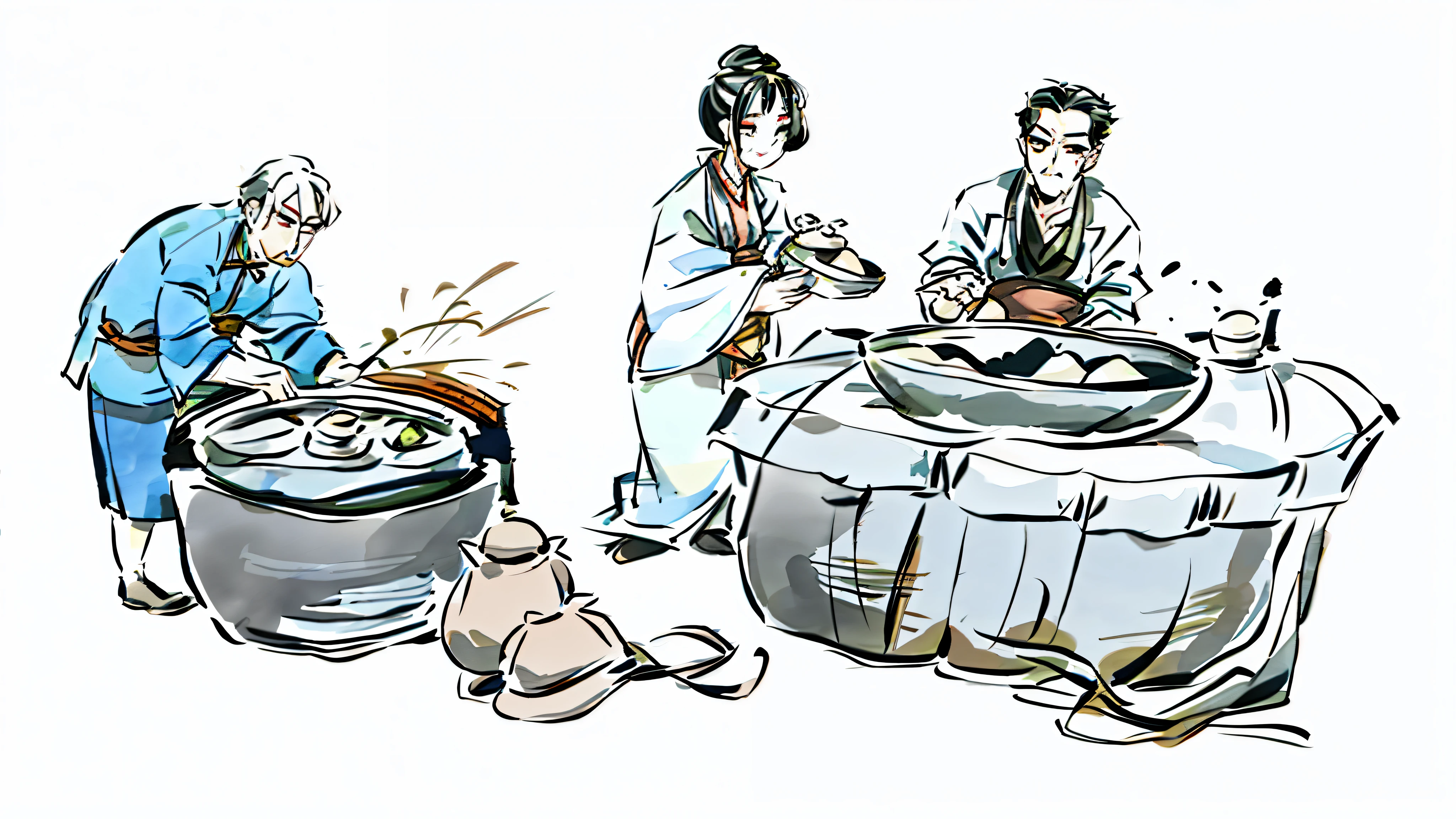 Cartoon of a woman and two men cooking in a pot, Traditional style, Full page illustration, traditional Chinese ink painting, business illustration, author:Yang Borun, traditional Chinese, inspired by《Qiu Wen Tianjiang》, Traditional Arts, Chinese brush illustration, video static, Cartoon tofu potatoes, daoshi, tea ceremony scene