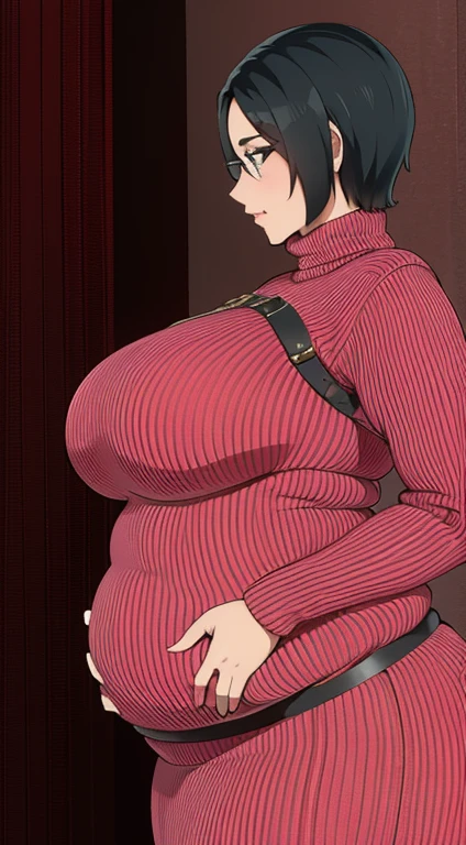 high resolution, 1women, female, solo, hips up, ((obese plump belly)), belly filling out dress, thick thighs, ((red sweater)), belt, black hair, (facial clarity:1.3), short hair, intricate details, long eyelashes, thick eyelashes, short hair, blushing, groping belly, (((very full and large belly))), fat, belly overhang