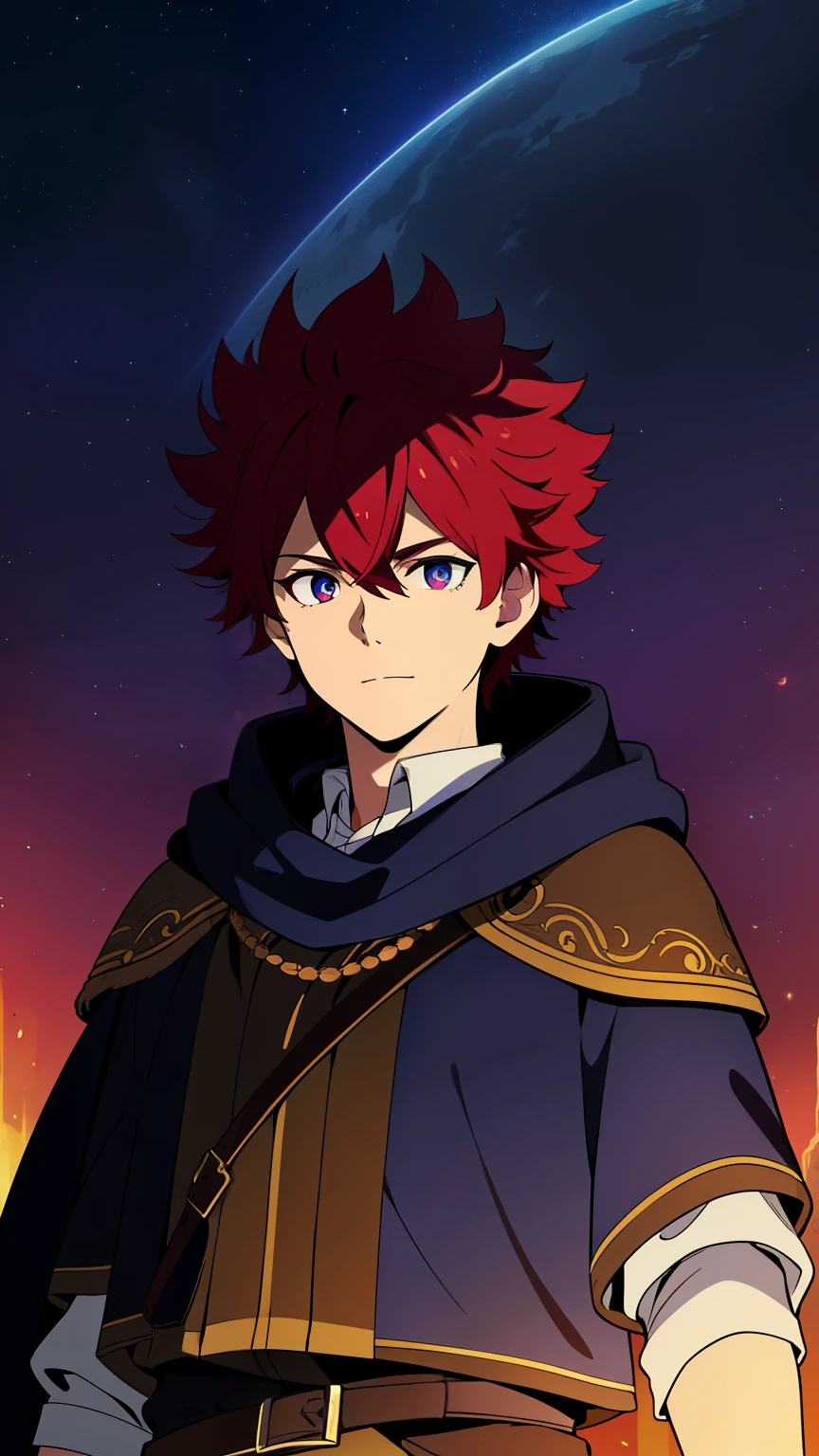 (high-quality, breathtaking),(expressive eyes, perfect face) 1male, male, solo, ???, short length hair, Burgundy hair color, multicolored hair, blue streaks, glowing hair, white strands in hair, unkept hair, indigo eyes, positive expression, soft smile, cloak, shirt, fantasy mage clothing, blacksmith attire, God Sleep and Blacksmithing, space background, portrait, upper body, magic, elegant, cute fluffy spiky hair, age 10, Greek Clothing, Hair between eyes, Flame like hair


