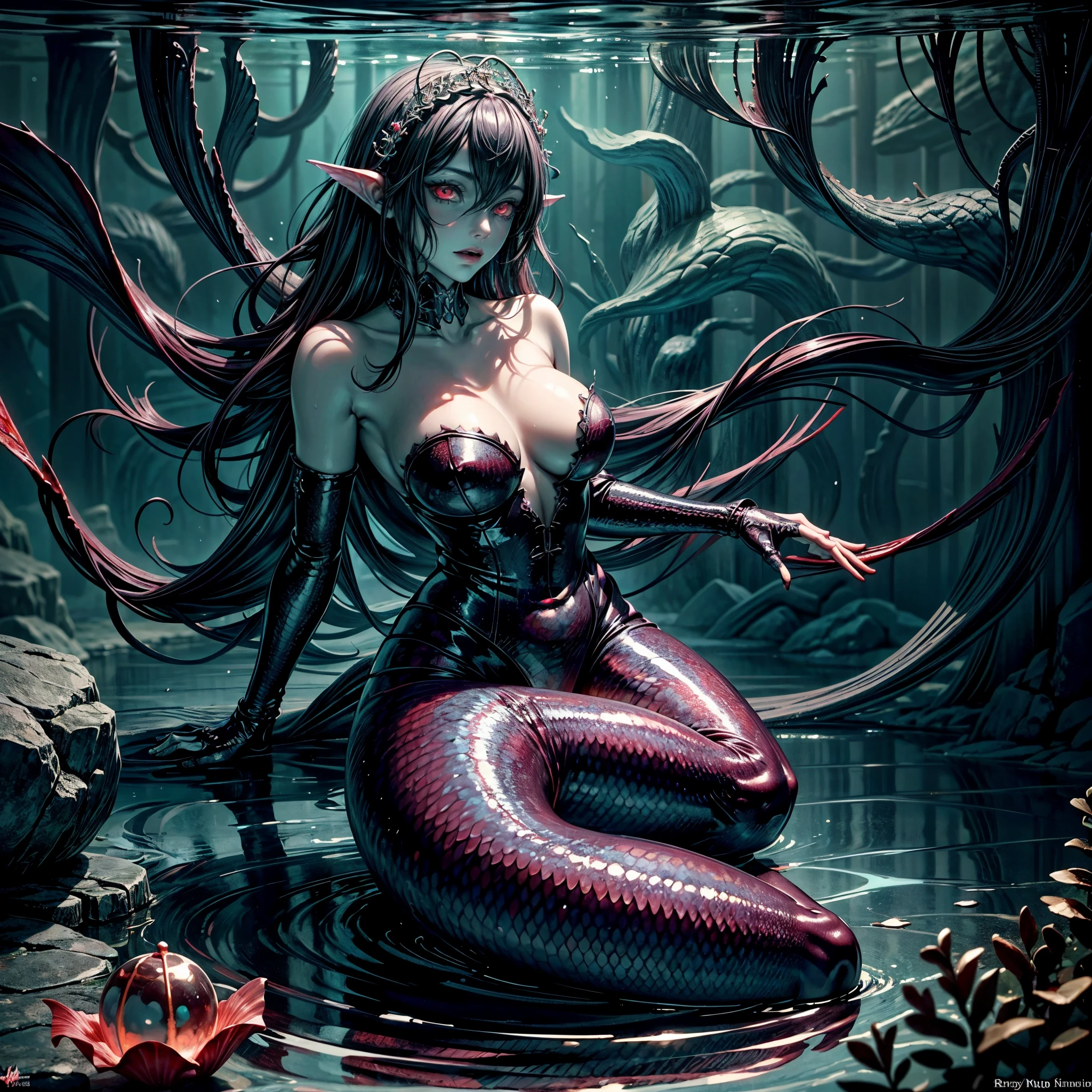 high details, best quality, 16k, [ultra detailed], masterpiece, best quality, (extremely detailed), full body, ultra wide shot, RAW, photorealistic, dark fantasy art, dnd art, rpg art, realistic art, an ultra wide picture of a vampiric mermaid (1.5 intricate details, Masterpiece, best quality)  blood mage casting ((blood control spell)),  blood wizard ((blood magic, intense magic details)), ((controlling a swirling mass of blood)) underwater, magical symbols GlowingRunes_pink, female vampiric mermaid, pale skin, black hair, long hair, swirling hair, lower body tail fin, intense eyes, red eyes, small  (( red eyes)), ((glowing eyes)), wearing sea shell clothing, beautiful dark mermaid, underwater background, rich underwater life, ((magical atmosphere)), fish and sea weeds, high details, best quality, highres, ultra wide angle