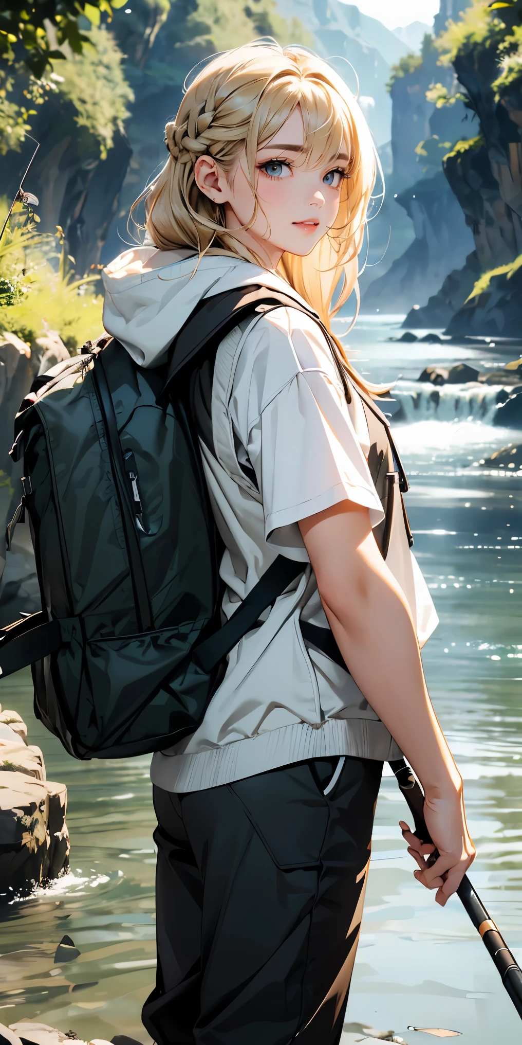 masterpiece、High resolution 8K、sharp focus、contrast lighting、ultra high resolution、ultra high resolution、Detailed CG、Low angle from the front、full body shot、Beautiful woman、beautiful eyes、(detailed face and iace:1 2)、narrow eyes、almond eye、brown eyes、gradation eye、highlight:1.2)、(beautiful blonde、long hair、Side braided hair、asymmetrical bangs、(plump lips、glossy lips、 size) 、(oval face : 1.4)、(thin fingered arms、detailed human hand)、川でWoman Fishing、Beautiful and wide river、Flowing waterfall、rock surface、moss、forest、Mont、blue sky、Flowing clouds、vapor、mist、full body pose、Holding a fishing rod in your hand、Fishing lure rod、Outdoor Vest、hoodie、Waders、Long pants for fishing、Big backpack)、Point the fishing rod toward the water surface with both hands..、Have a long fishing rod、He points the fishing rod in his hand toward the water&#39;s surface.&#39;s surface.&#39;s surface.&#39;s surface.&#39;surface..、Woman Fishing、naughty smile、teeth visible、Low angle from the front、cowboy shot