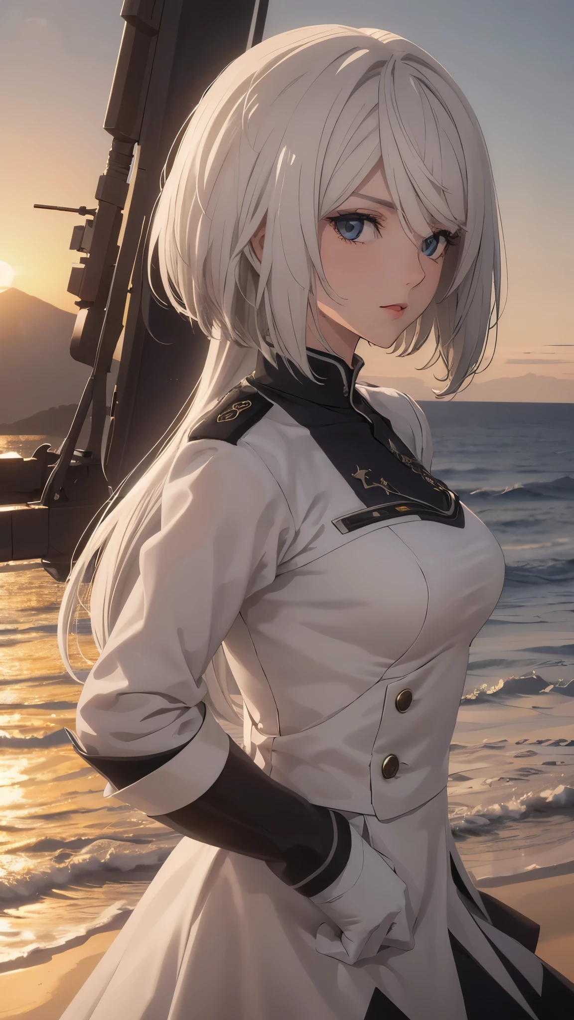 The Perfect Girl, perfect details, Ultra HD |, 8K, Professional photo(extremely detailed CG unity 8k wallpaper), (masterpiece), (best quality), (ultra-detailed), (best illustration), (best shadow), (absurdres), 2b, 1girl, long hair, normal size , white hair, Intimidating women, admiral uniform, night, hero pose, white clothes, General Uniform, Military Uniform, Dawn, exposed to sunlight, commander, black clothes, sunkissed, sunset background,