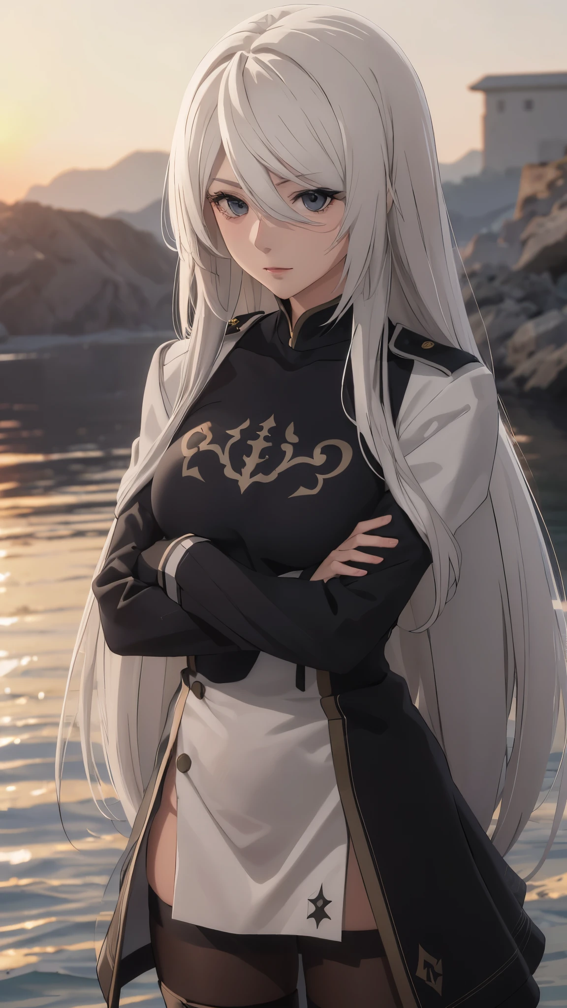 The Perfect Girl, perfect details, Ultra HD |, 8K, Professional photo(extremely detailed CG unity 8k wallpaper), (masterpiece), (best quality), (ultra-detailed), (best illustration), (best shadow), (absurdres), 2b, 1girl, long hair, normal size , white hair, Intimidating women, admiral uniform, night, hero pose, white clothes, General Uniform, Military Uniform, Dawn, exposed to sunlight, commander, black clothes, sunkissed, sunset background,