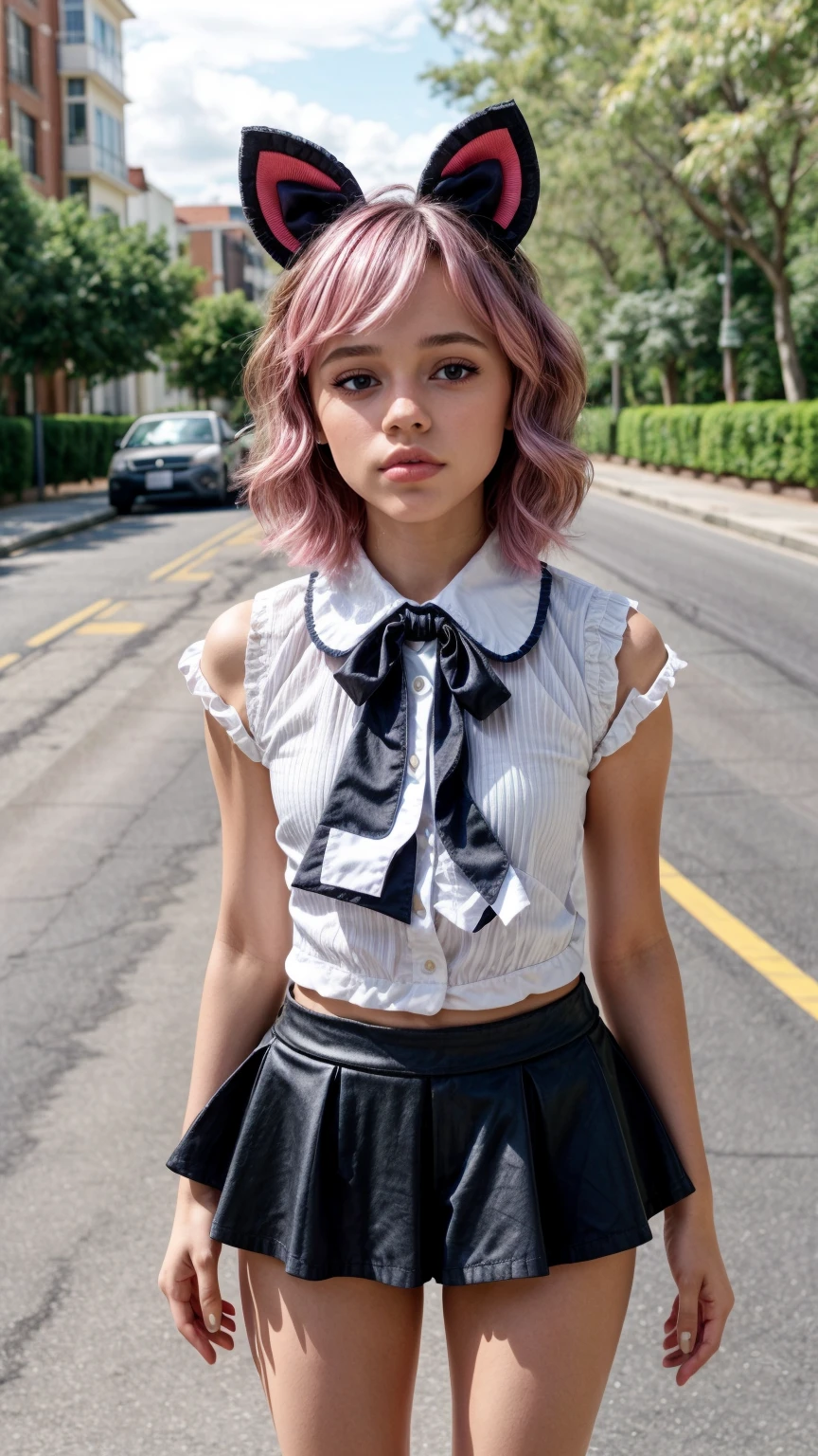 jenna ortega(jortega), skistyle, 1girl, solo, (pink hair), animal ears, blue eyes, wings, looking at viewer, bangs, short hair, bow, sailor collar, white sailor collar, hair bow, pink bow, closed mouth, shirt, white shirt, bear ears, bob cut, mini wings, portrait, detached wings, makeup, upper body, city in background