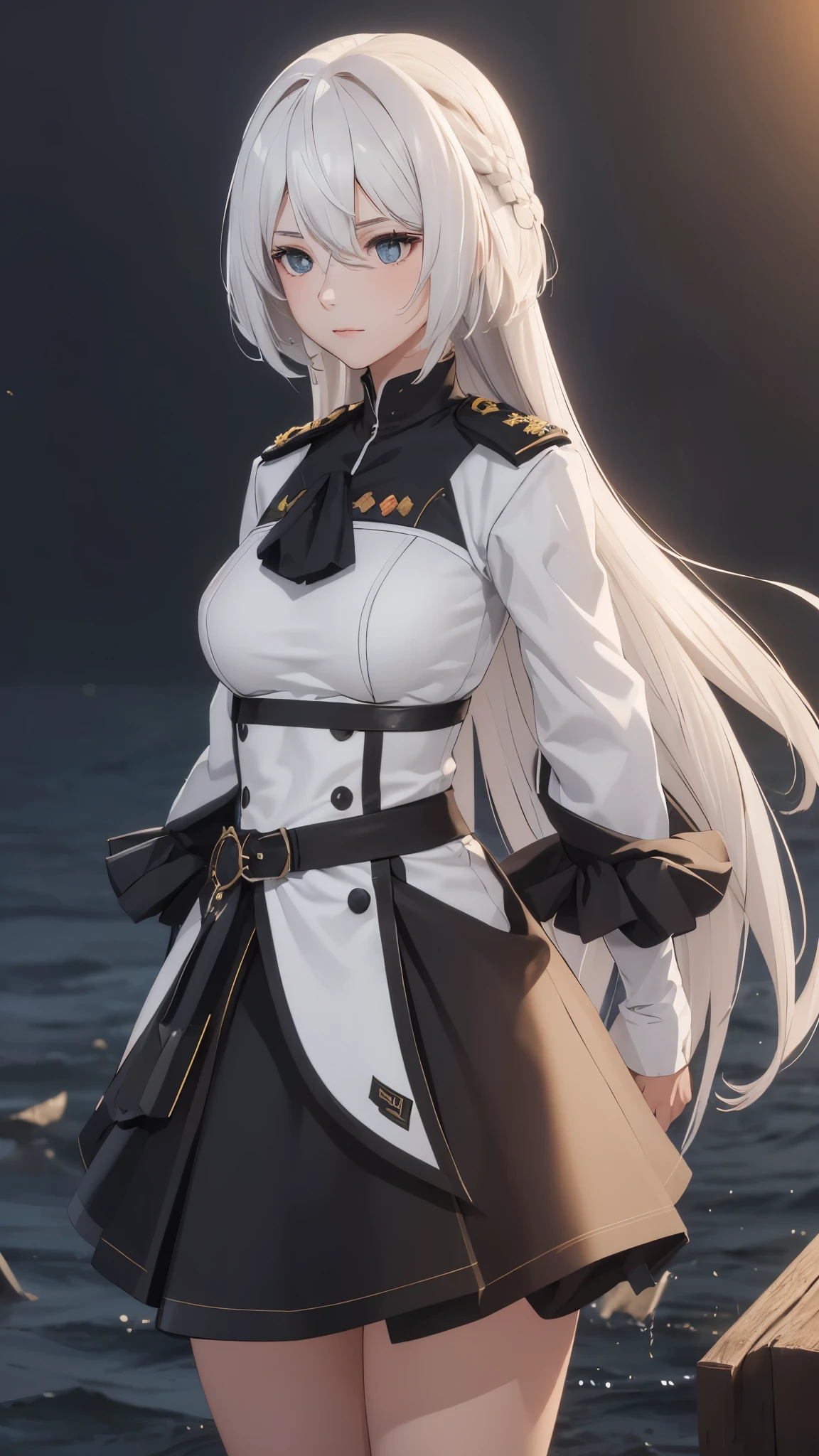 The Perfect Girl, perfect details, Ultra HD |, 8K, Professional photo(extremely detailed CG unity 8k wallpaper), (masterpiece), (best quality), (ultra-detailed), (best illustration), (best shadow), (absurdres), 2b, 1girl, long hair, normal size , white hair, Intimidating women, admiral uniform, night, hero pose, white clothes, General Uniform, Military Uniform, Dawn, exposed to sunlight, commander, black clothes, sunkissed, sunset background,