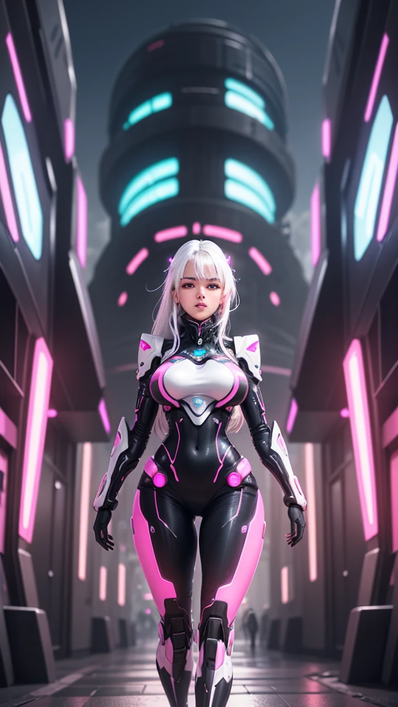 Gorgeous girl, Futuristic costume, Mecha, touch, big breasts, big ass, Slim waist, front view, city   of the future, neon lighting, White hair, black and pink suit