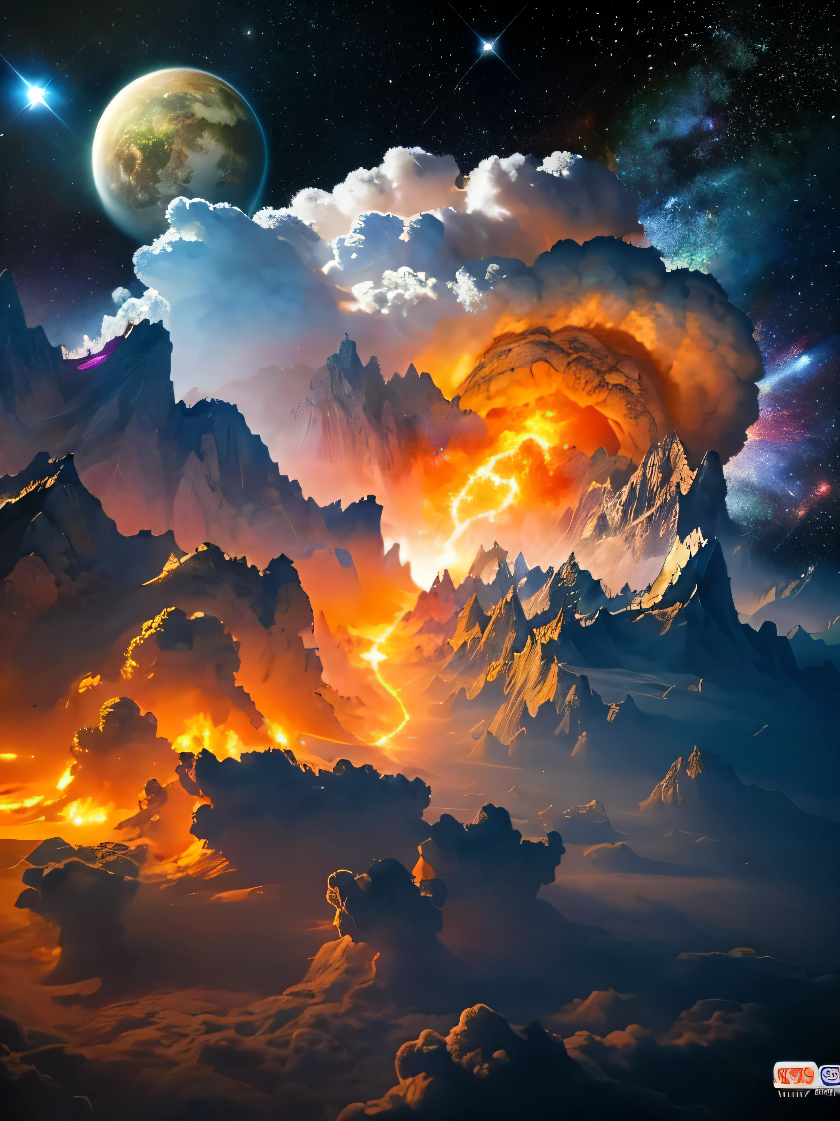 God, the omnipotent creator of the entire universe, greater than all galaxies, represented by the figure of a hyper hyper mega gigantic cloud of energy in the middle of the hyper detailed universe, hyper sharp, hyper realistic, intricate, 32k, photorealism style