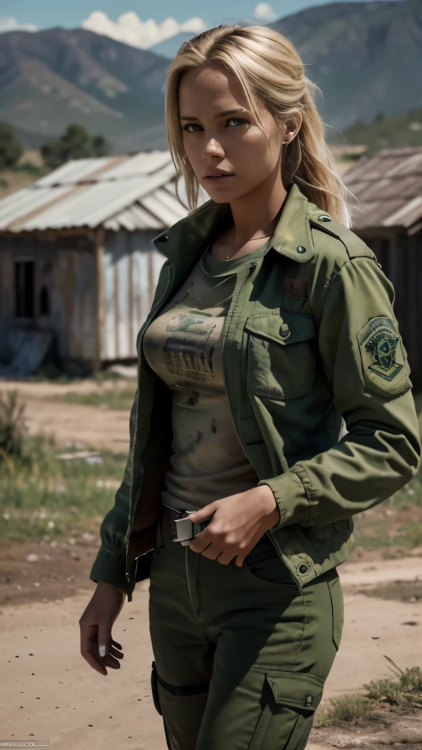 Foto hiperrealista en primer plano de 20 years old Maria Bello,, masterpiece, best quality, (photorealistic:1.4), full body, green army jacket, green uniform blouse, green tactical pants,  Depict a rural landscape in the rugged style of the game's concept art. This work should evoke a sense of abandonment and despair in a futuristic, post-apocalyptic world. Notice the intricacies of detail, the sharp focus. cinematic light, beautiful woman, skinny, small breasts, straight blond  hair, detailed face, photo taken from a distance,  she holds a Glock 17 pistol in her hand, sshe walks away, her butt is visible 