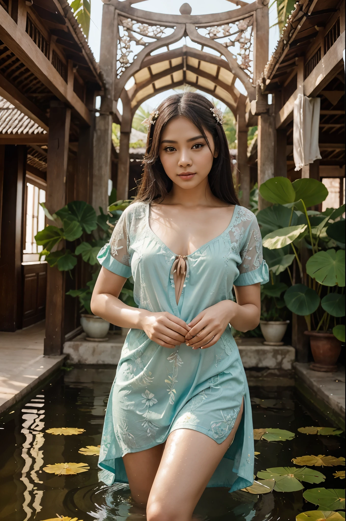 4k photography,4D,A lotus flower in 4D with beautiful Thai art from the Rattanakosin era, with colors and texture added, and with a lotus petal pattern, and with a heavenly background, and with a sparkling effect like diamonds, and with a pond of Anodat water like in the literature, and with a beautiful woman like an angel who is 25 years old and wears a dress that matches the atmosphere, and with a banyan tree bridge, and with more details added to the image, and with the woman made more beautiful and plump and healthy, and with the woman made to look like a Thai celebrity, and with the woman\'s face made more beautiful and clear, and with the woman made to stand out the most, ultrahighrealistic , effect beautiful light