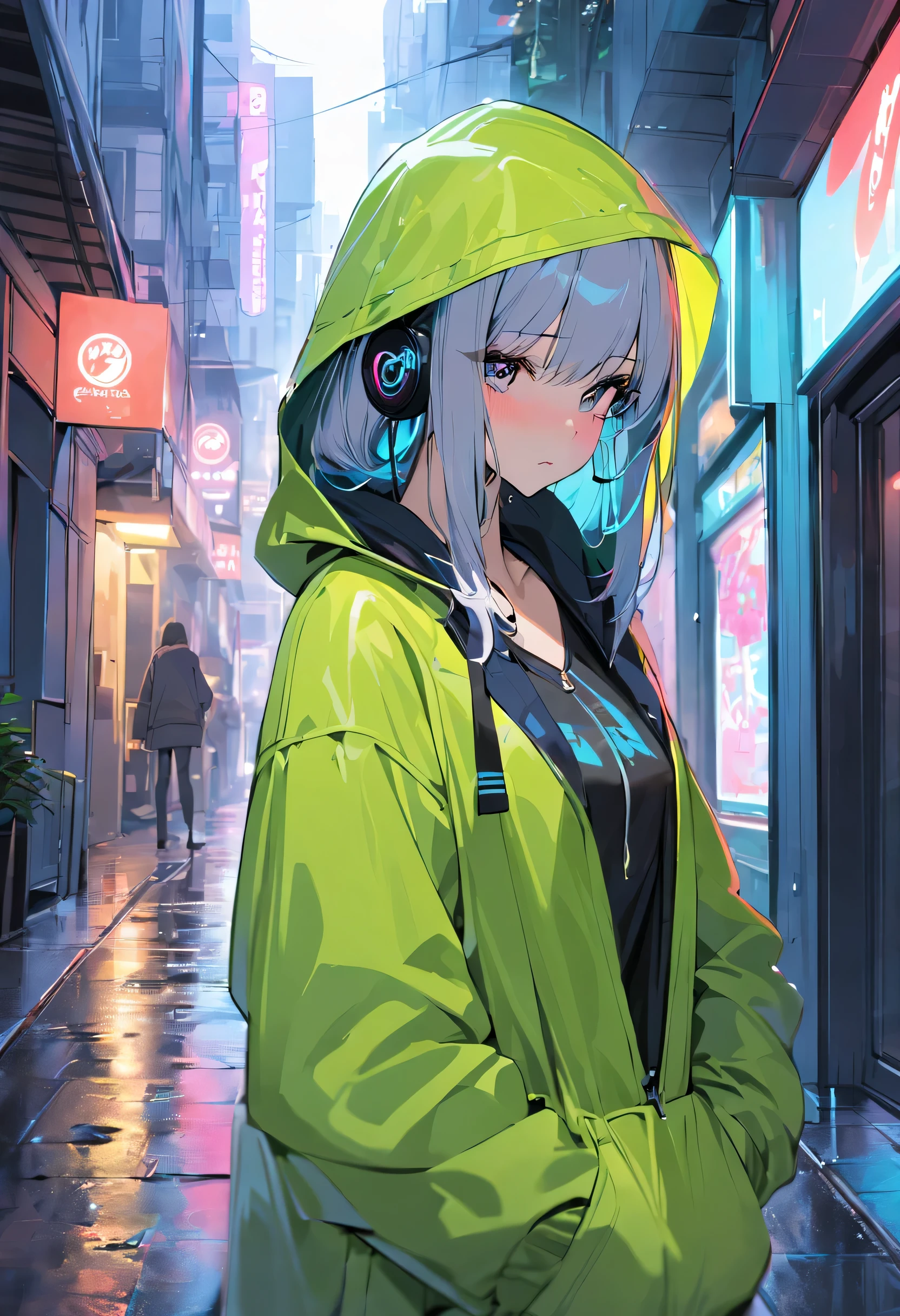 masterpiece, The girl was alone, alone, Extremely ridiculous, hoodie, earphone, street, outdoor, rain, neon,