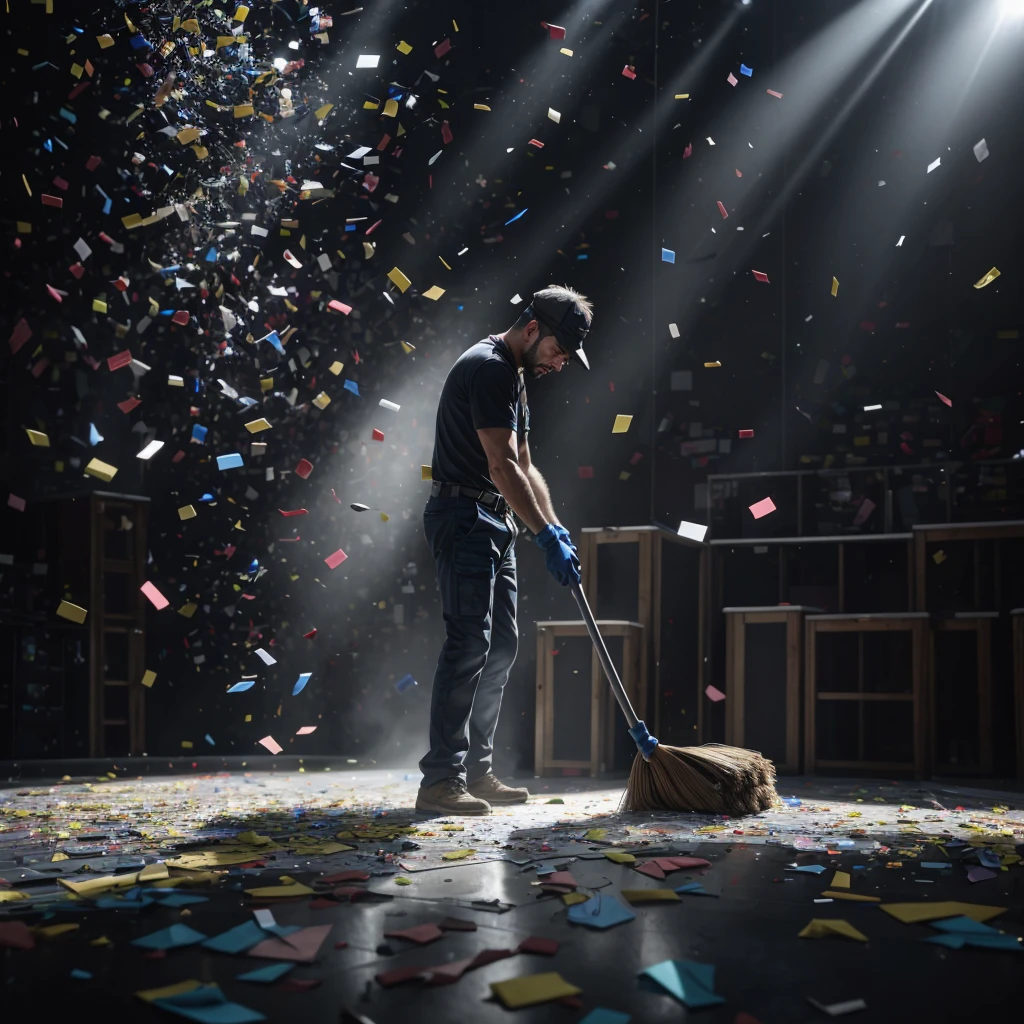 best quality, photorealistic, a disgruntled building cleaner is sweeping confettis off the stage, perfect lighting and shadows