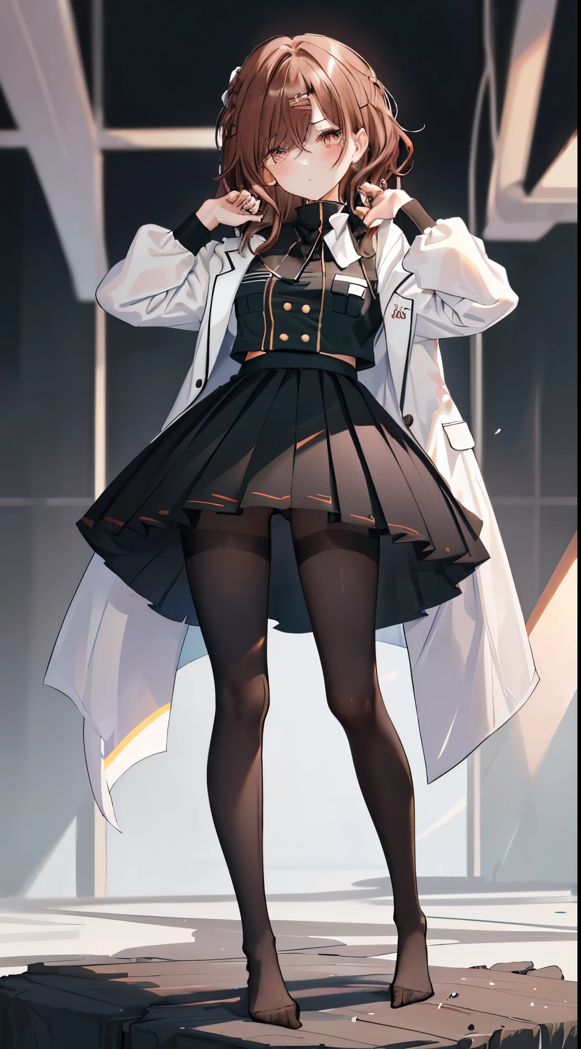 finest, masterpiece, High resolution, (Full body view from head to toe), front, frontやや下からの構図, Symmetrical, 18 year old girl, alone, (whole body from head to toe), small breasts, brown hair, slightly messy hair, long hair, bangs, (black tights), ( (black pantyhose), black pantyhose, (squating pose), show me your white panties, slender beautiful legs, とても美しい18 year old girl, (not wearing shoes), blush, shy big eyes, messy hair, looking at camera, show me your white panties, Blazer uniform appearance、Checkered pleated skirt、Pure white underwear