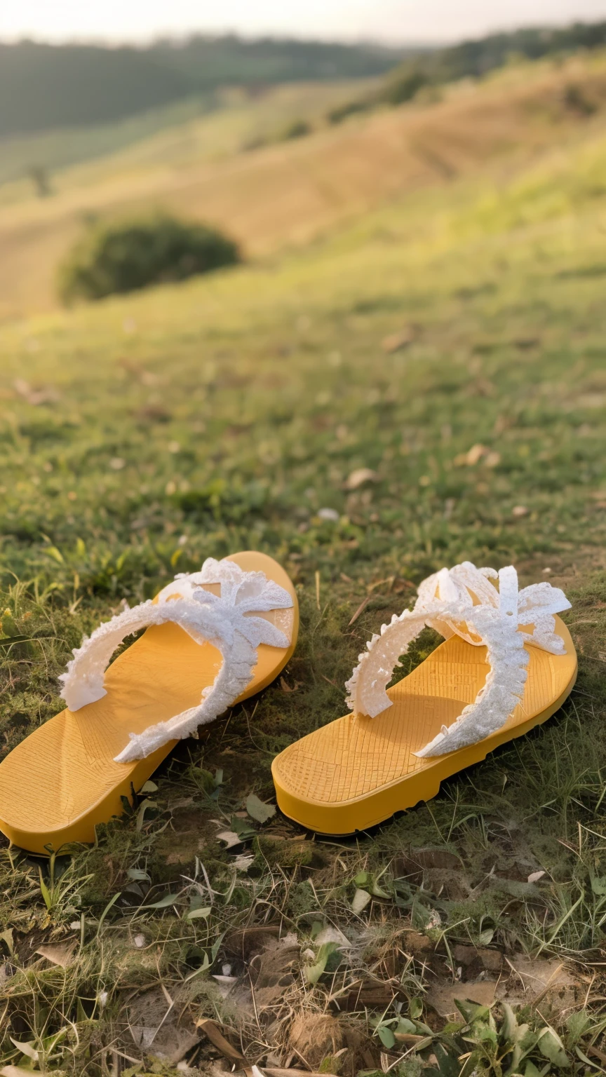 Insert this slipper on a black woman who is wearing a tropical-themed dress