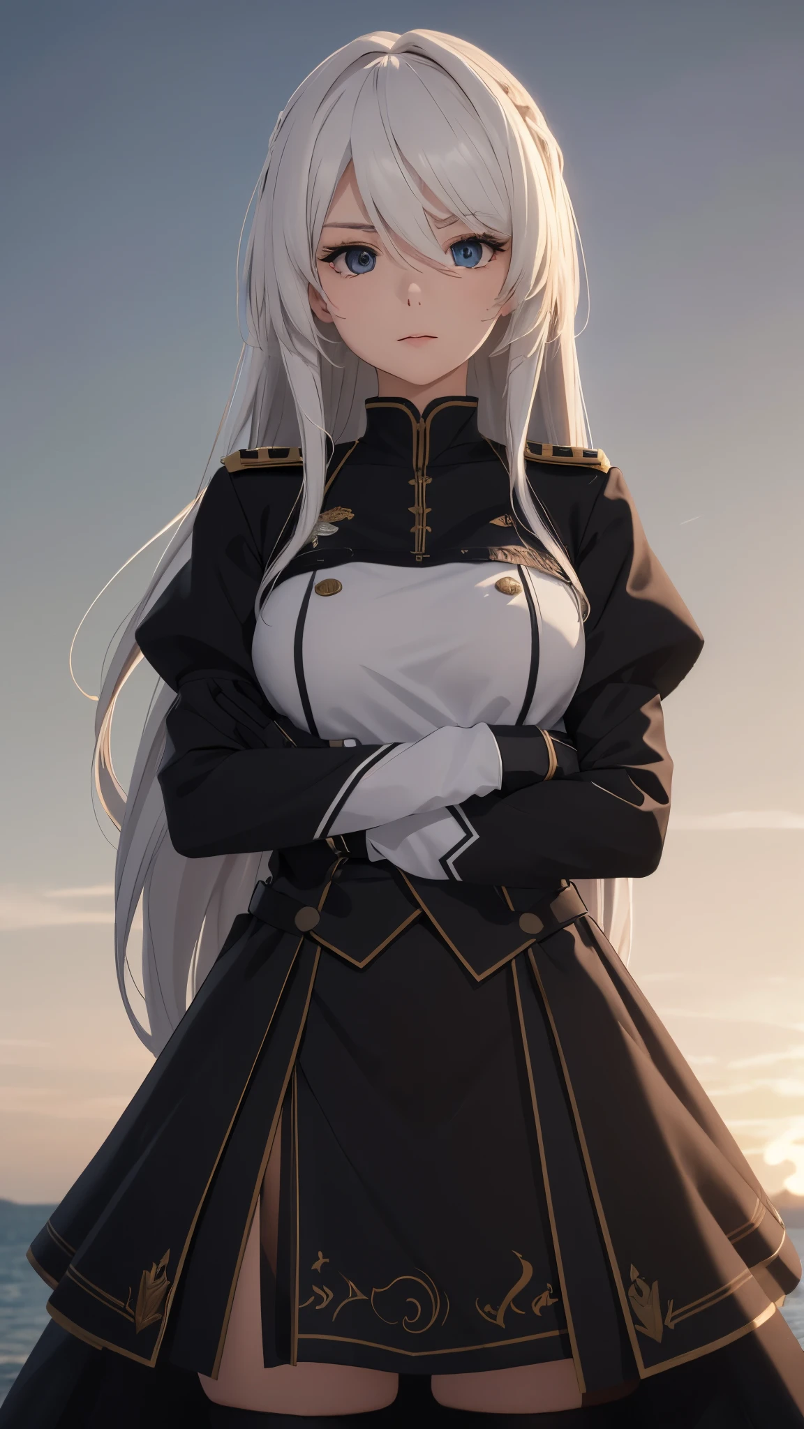 (Confused, High resolution, Very detailed), 1 female, Silver Hair,Long Hair,Bright red eyes,White and black military uniform,24th generation,beauty,mature,thin,quiet,Calm,A small smile,A kind smile,In front of the person I like,Long coat,Slender and thin,boots,skinny pants,Observatory,Small breasts,