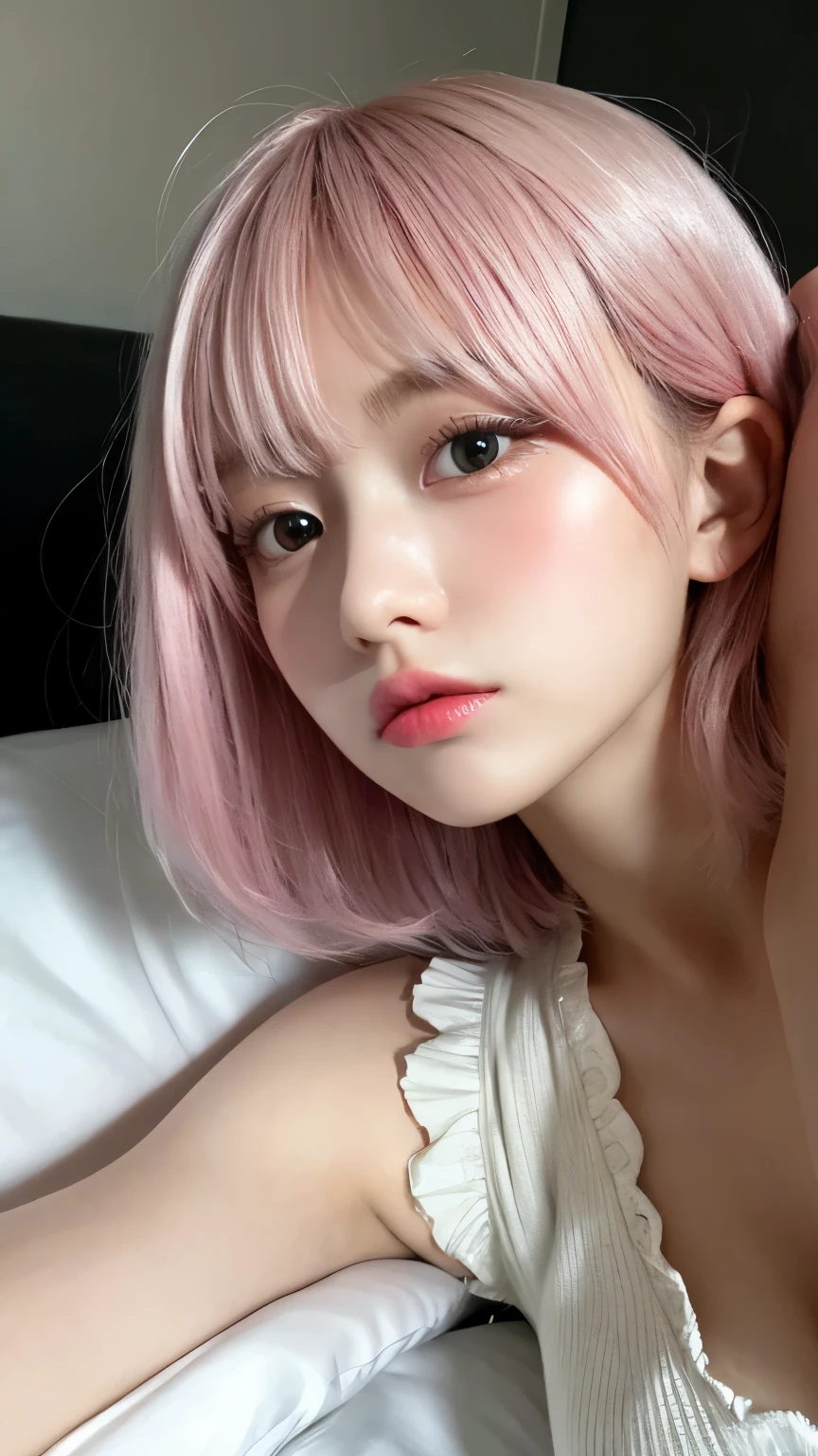 arafed woman with pink hair laying in bed with a white shirt, with pink hair, cute girl with short pink hair, korean girl, ulzzang, jisoo from blackpink, roseanne park of blackpink, heonhwa choe, her hair is white, sun yunjoo, portrait of jossi of blackpink, jossi of blackpink, cruel korean goth girl