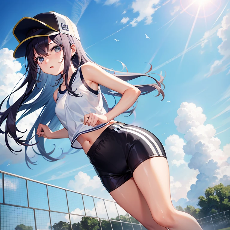 beautiful girl、teenager、sports underwear、sport shorts、running, long hair、sport cap, shiny skin、the way