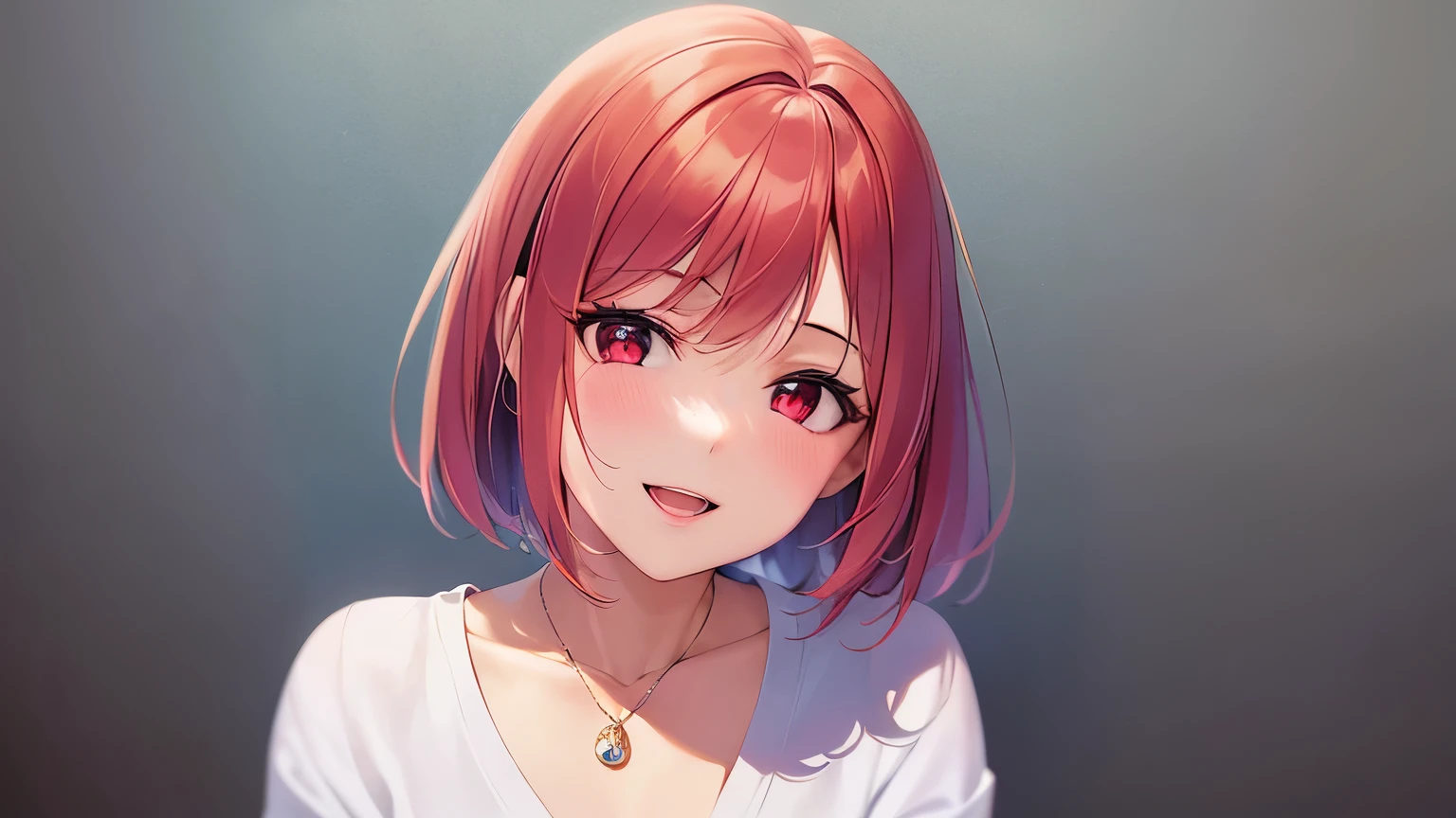 dutch angle、Realistic, real person, RAW photo, photorealistic, portrait photography, shiny skin, japanese idol, 25 year old woman、(bob cut hair) and (red hair) and (red eyes:1.3), wearing a white collarless blouse、wearing a gray skirt、smile, open mouth, blush, The background is a conference room、sitting、You are in a meeting、Alone、Staring,