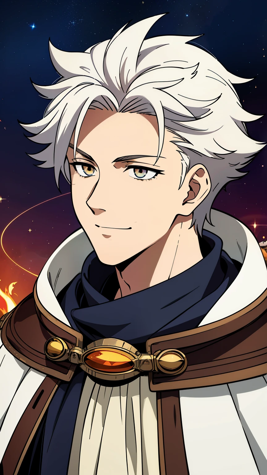 (high-quality, breathtaking),(expressive eyes, perfect face) 1male, male, solo, young adult, short length hair, Gradient Amber color hair, multicolored hair, white streaks, glowing hair, white strands in hair, unkept hair, silver eyes, positive expression, soft smile, cloak, shirt, fantasy mage clothing, adventurer attire, God Invention and Creation, space background, portrait, upper body, magic, elegant, fluffy spiky hair, age mid 20's, Greek Clothing, Flame like hair, Goggles