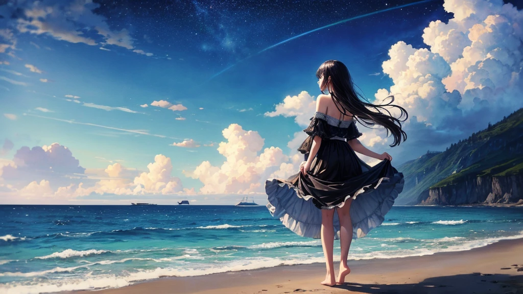 masterpiece, highest quality, disorganized, figure, The stars shine、watercolor, 1 girl, alone, long hair, black hair, dress, skirt hold, water遊び, No sleeve, barefoot, bare shoulders, Are standing, from behind, outdoor, cloud, null, bird, water, Rainbow Light,