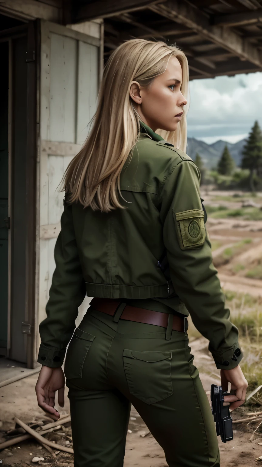 Foto hiperrealista en primer plano de 20 years old Maria Bello,, masterpiece, best quality, (photorealistic:1.4), full body, green army jacket, green uniform blouse, green tactical pants,  Depict a rural landscape in the rugged style of the game's concept art. This work should evoke a sense of abandonment and despair in a futuristic, post-apocalyptic world. Notice the intricacies of detail, the sharp focus. cinematic light, beautiful woman, skinny, small breasts, straight blond  hair, detailed face, photo taken from a distance,  she holds a Glock 17 pistol in her hand, sshe walks away, her butt is visible 