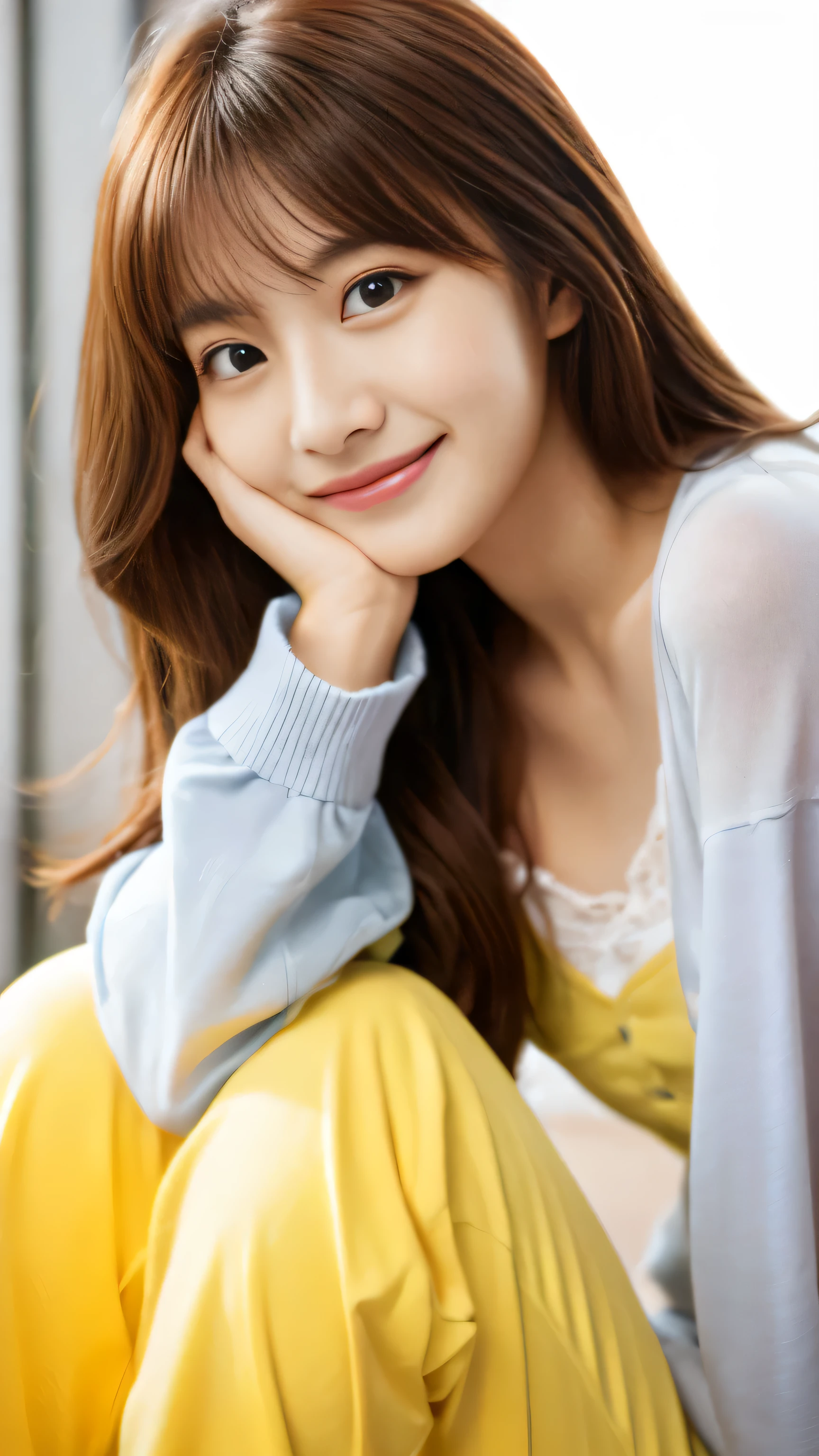 High definition images、朝の可愛いgirl, girl、22 years old、facial details,real、Yellow pajamas、Has brown hair。facial details、beauty details、Relaxing indoors and looking at the camera with a smile,