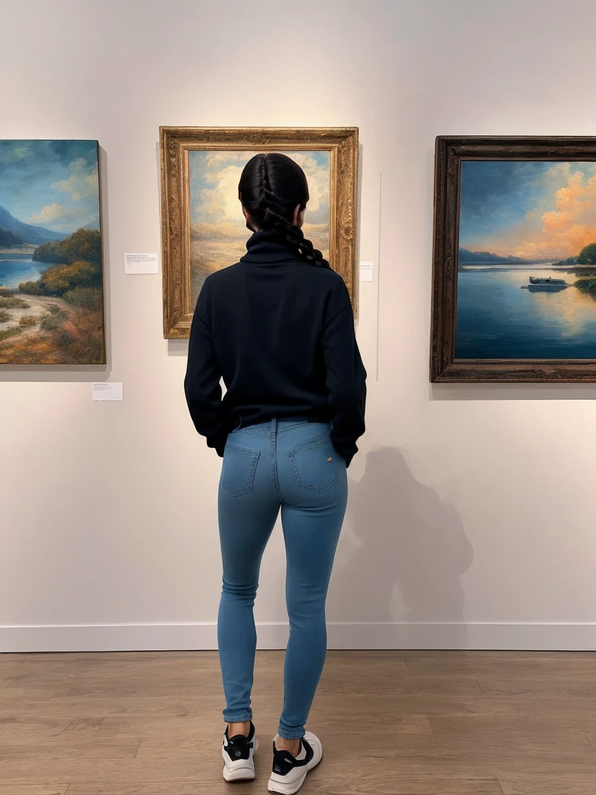 perspective view, full body view, pretty woman aged 38, wearing denim pants, sports shoes and a black long turtleneck, standing in an elegant art gallery and looking at the paintings hanging on the wall, dark hair, french braid, facing away from the camera, high quality, photorealism