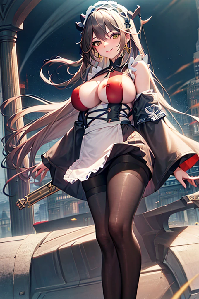 agir, 1girl, solo, long hair, looking at viewer, smile, breasts, city background, bare shoulders, teeth, closed mouth, portrait, skin tight outfit, maid outfit, short skirt, leggings seductive, realistic, best quality, masterpiece, ultra detail, ultra high res, extreme detail, 8k, uhd, detailed