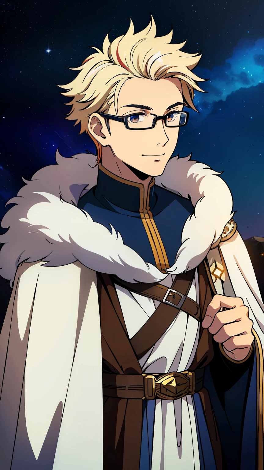(high-quality, breathtaking),(expressive eyes, perfect face) 1male, male, solo, young adult, short length hair, Gradient Amber color hair, multicolored hair, white streaks, glowing hair, white strands in hair, unkept hair, silver eyes, positive expression, soft smile, cloak, shirt, fantasy mage clothing, Inventor attire, God Invention and Creation, space background, portrait, upper body, magic, elegant, fluffy spiky hair, age mid 20's, Greek Clothing, Thin frame glasses