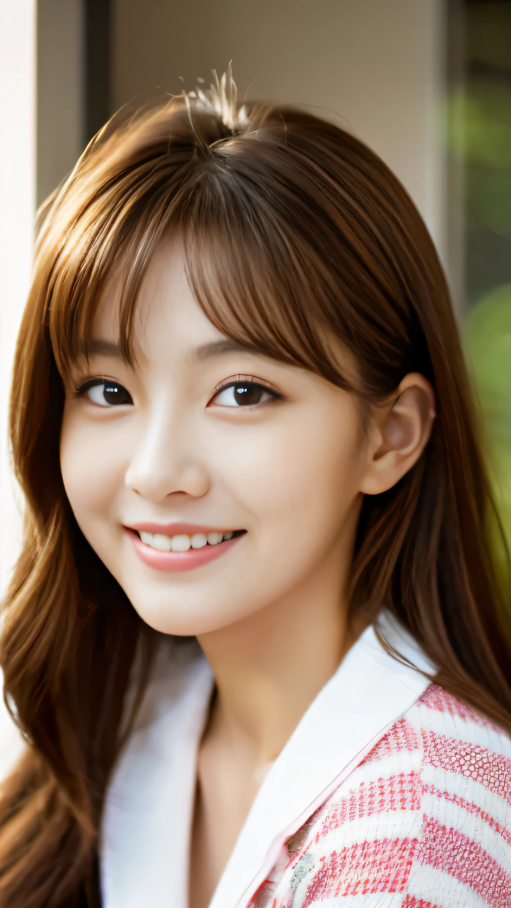 High definition images、朝の可愛いgirl,　girl、22 years old、facial details，real、Yellow pajamas、Has brown hair。facial details、beauty details、Relaxing indoors and looking at the camera with a smile,
