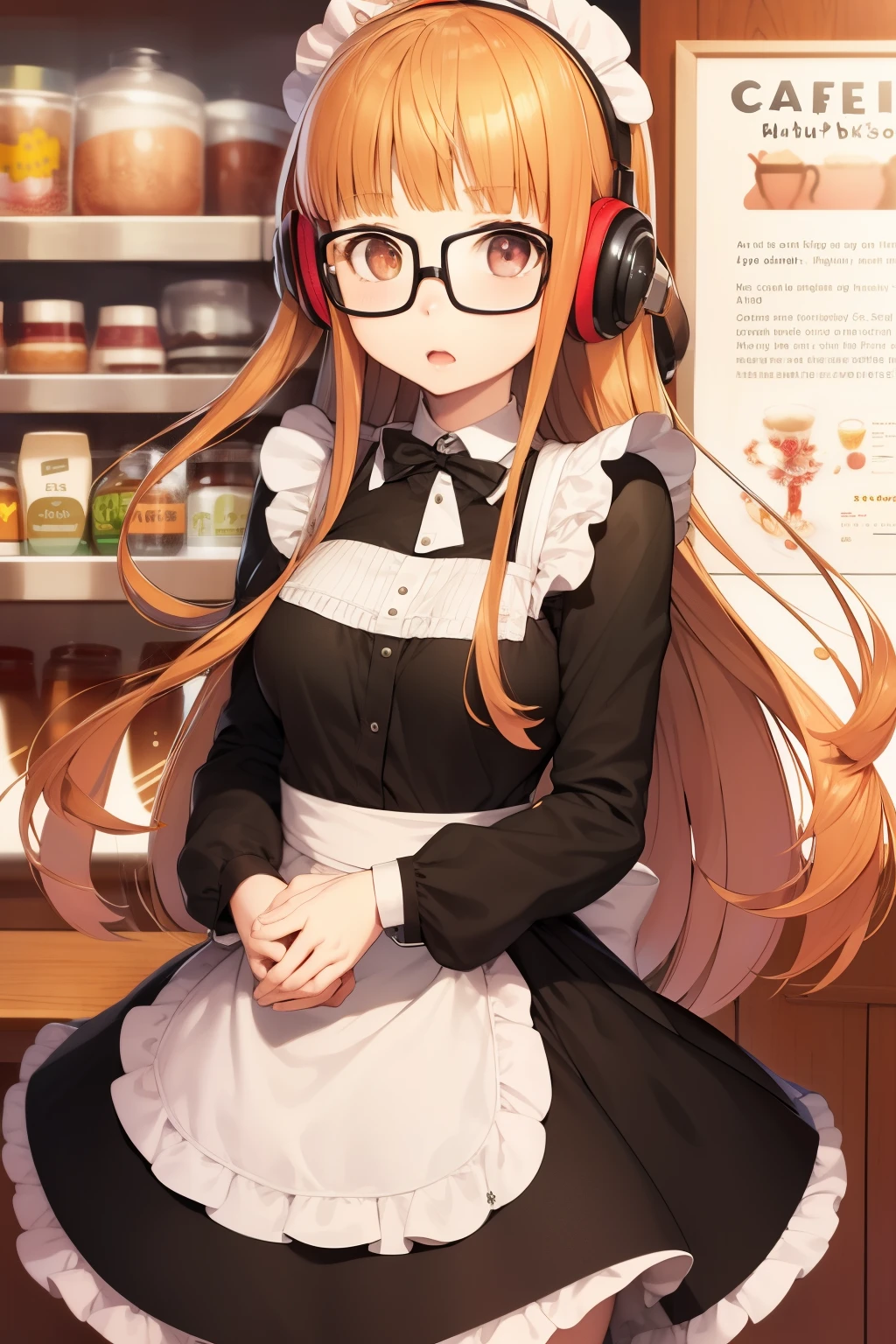 masterpiece, highest quality, High resolution,
1 girl, futaba sakura, dull bangs, Glasses, black frame eyewear, Ahoge,
maid dress, maid headdress, headphones, behind-the-head headphones,
cowboy shot, Cafe,Inside the store,big breasts